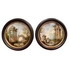 Antique Pair of Early 20th Century Italian Paintings on Metal in Blackened & Gilt Frames