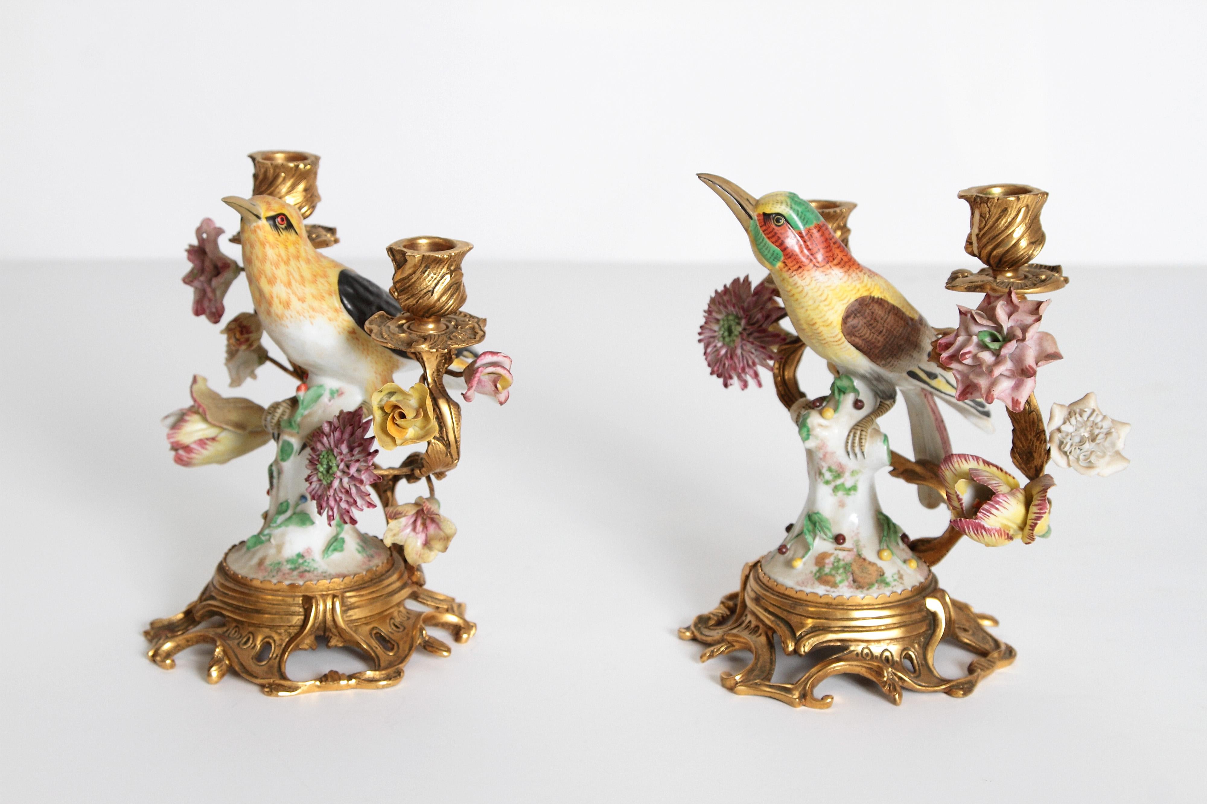 Louis XV Pair of Early 20th Century Italian Porcelain Birds Mounted as Candelabra