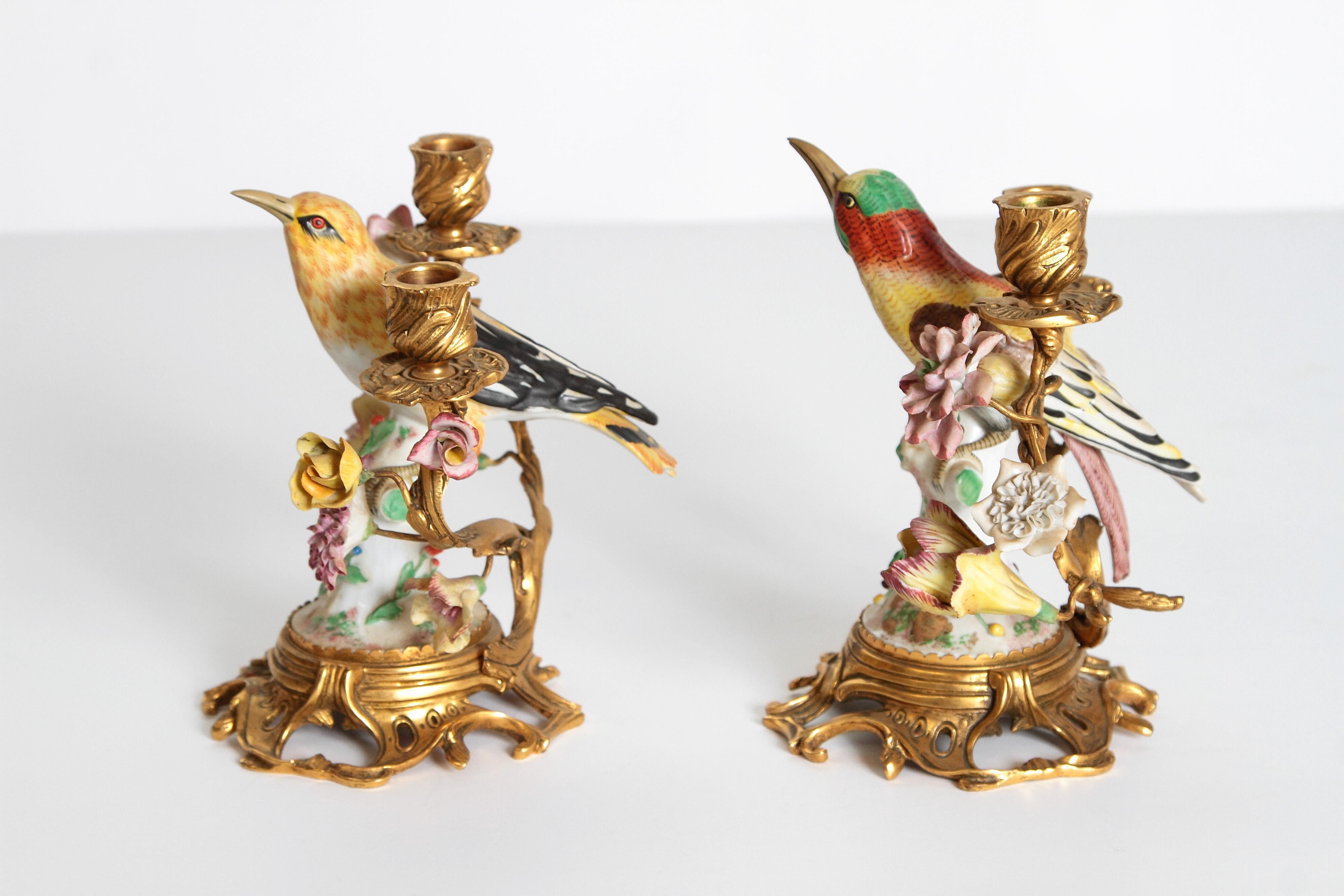 Gilt Pair of Early 20th Century Italian Porcelain Birds Mounted as Candelabra