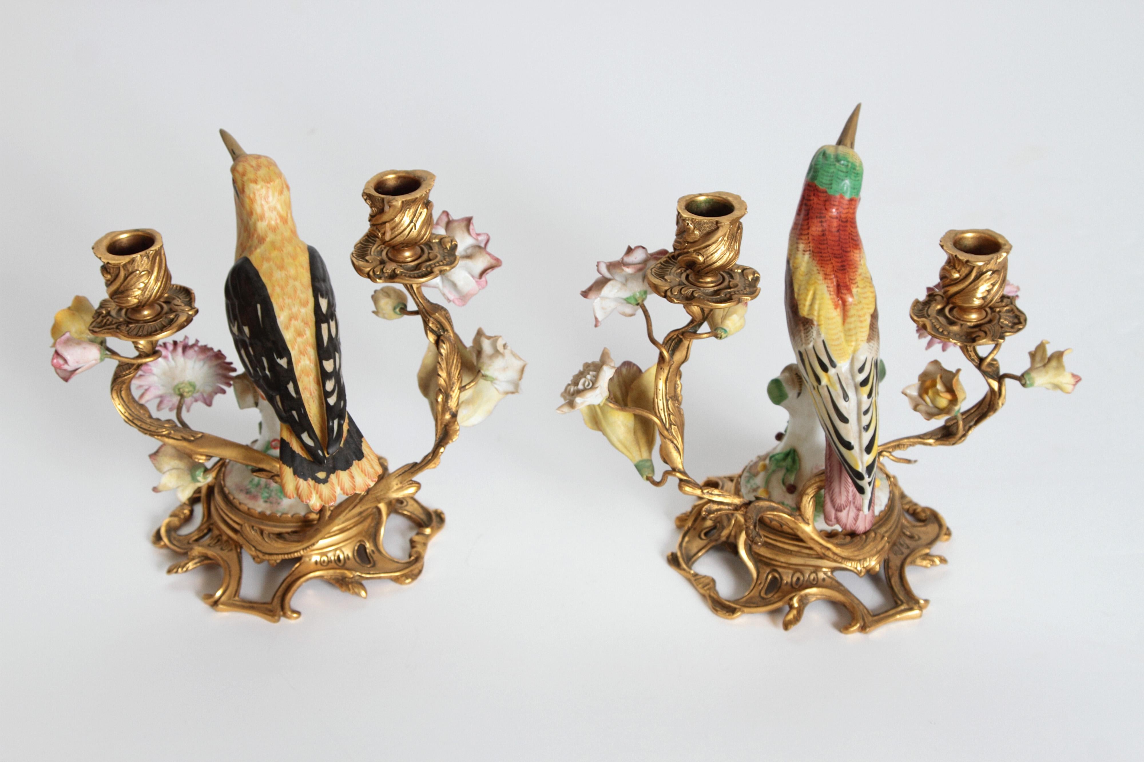 Bronze Pair of Early 20th Century Italian Porcelain Birds Mounted as Candelabra