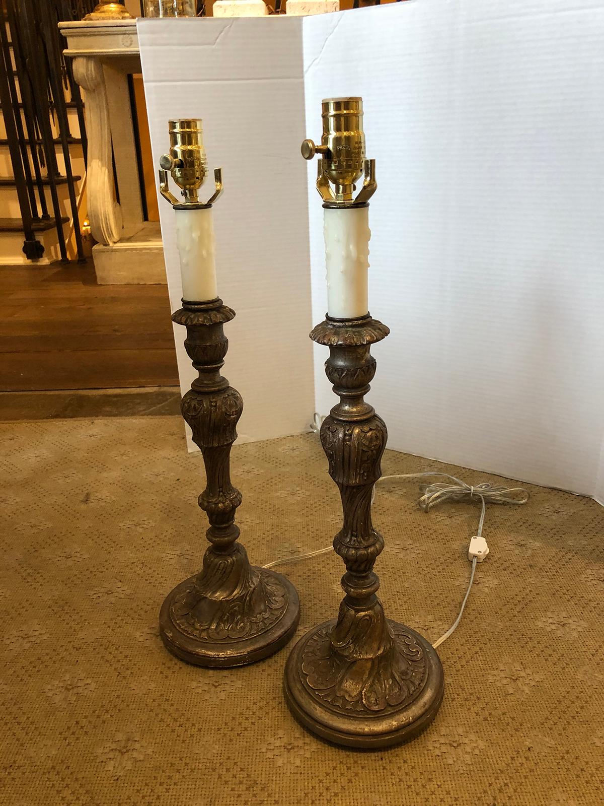 Pair of Early 20th Century Italian Silver Gilt Candlestick Lamps In Good Condition In Atlanta, GA