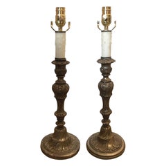 Pair of Early 20th Century Italian Silver Gilt Candlestick Lamps