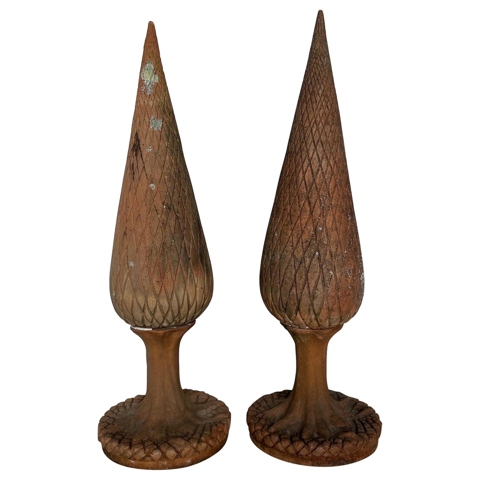 Coppia di terminali di cipresso in terracotta italiani dei primi del Novecento