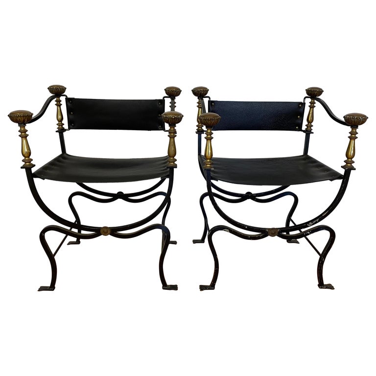 Pair of Early 20th Century Italian Wrought Iron & Leather Savonarola Chairs For Sale