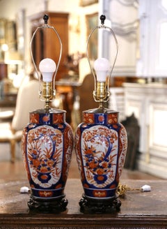 Pair of Early 20th Century Japanese Imari Painted Porcelain & Brass Table Lamps