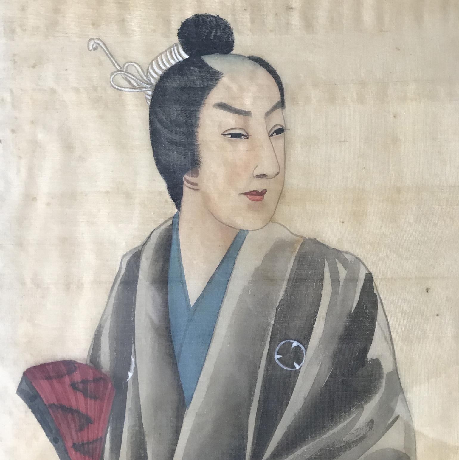 Paar japanische Porträts des frühen 20. Jahrhunderts, bemalt auf Seide (Art déco) im Angebot