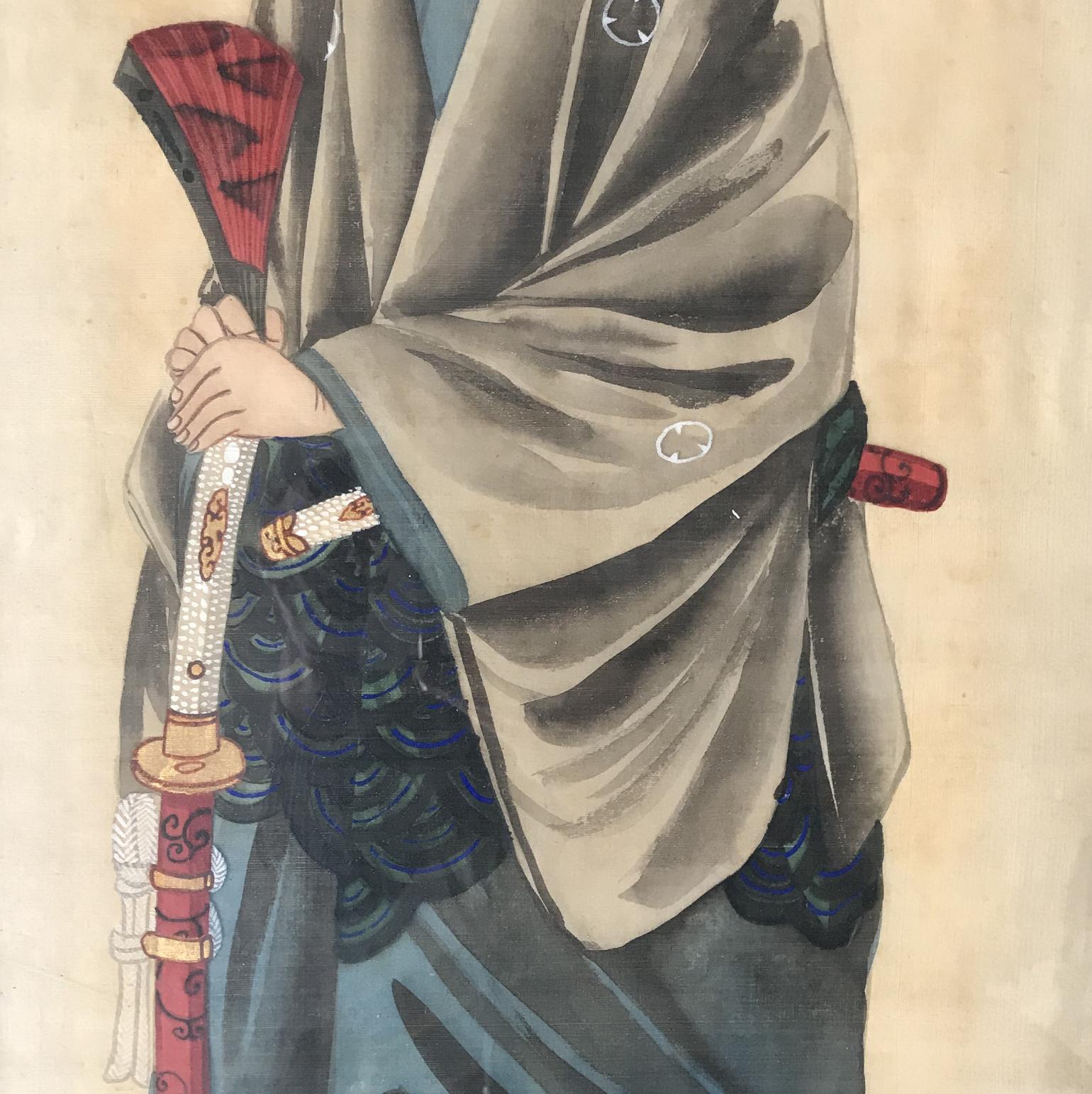 Hand-Painted Pair of Early 20th Century Japanese Costume Portraits Painted on Silk For Sale