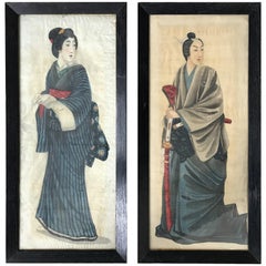 Pair of Early 20th Century Japanese Portraits Painted on Silk