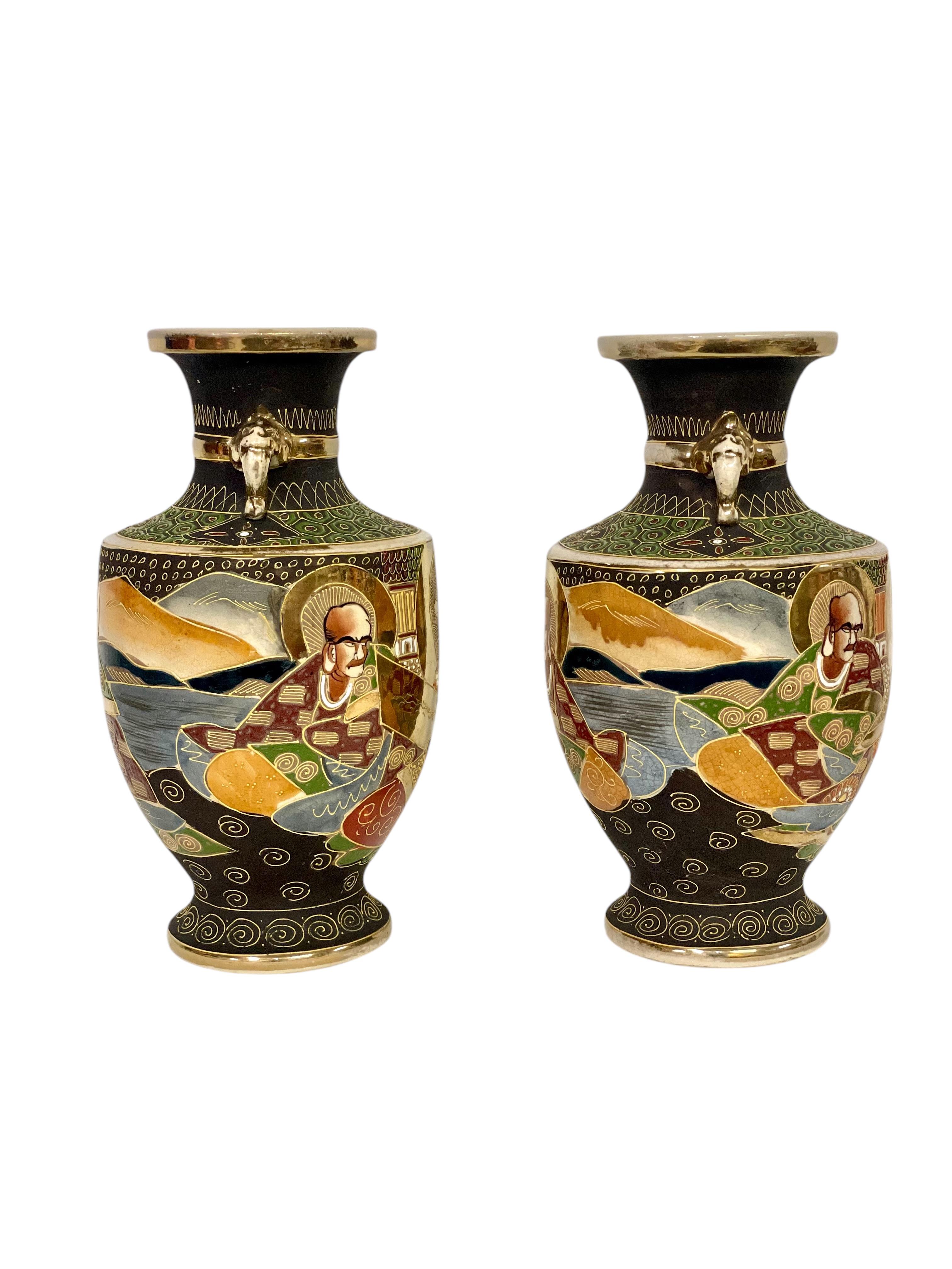 Ceramic Pair of Early 20th Century Japanese Satsuma Vases For Sale