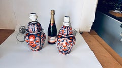 Pair of Early 20th-Century Japanese Table Lamps, Floral Motifs, Orange and Blue