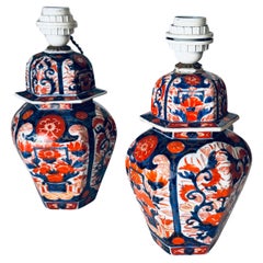 Antique Pair of Early 20th-Century Japanese Table Lamps, Floral Motifs, Orange and Blue