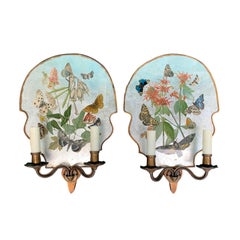 Antique Pair of Early 20th Century Large Mirrored Decalcomania Sconces with Butterflies