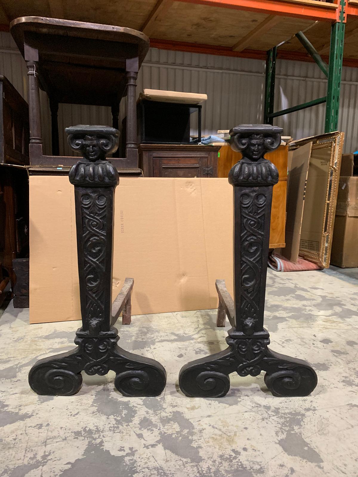 Pair of Late 19th Century jumbo cast-iron Andirons of the Jacobean Style