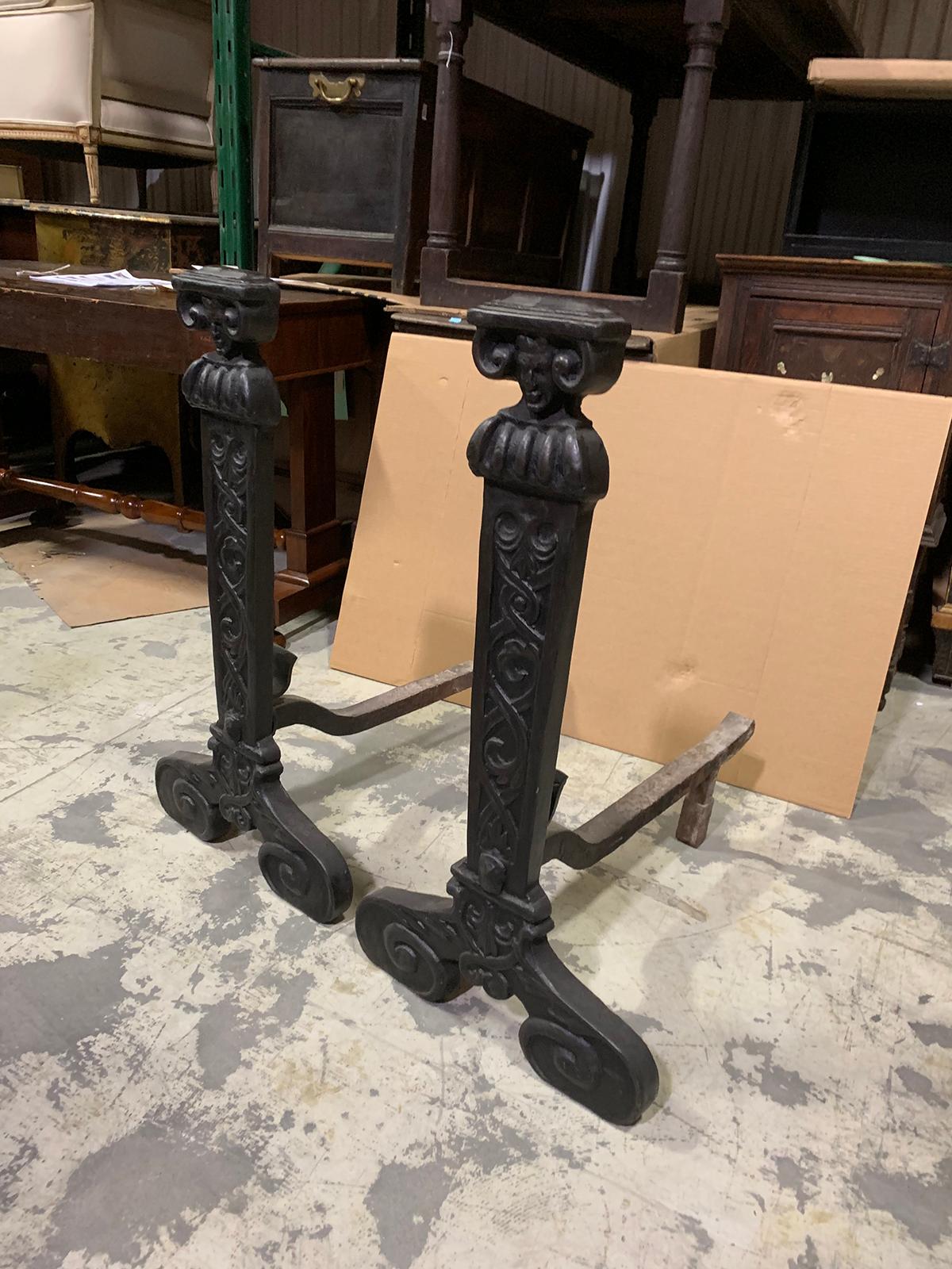 Pair of Jacobean Style Late 19th Century Jumbo Cast-Iron Andirons In Good Condition In Atlanta, GA