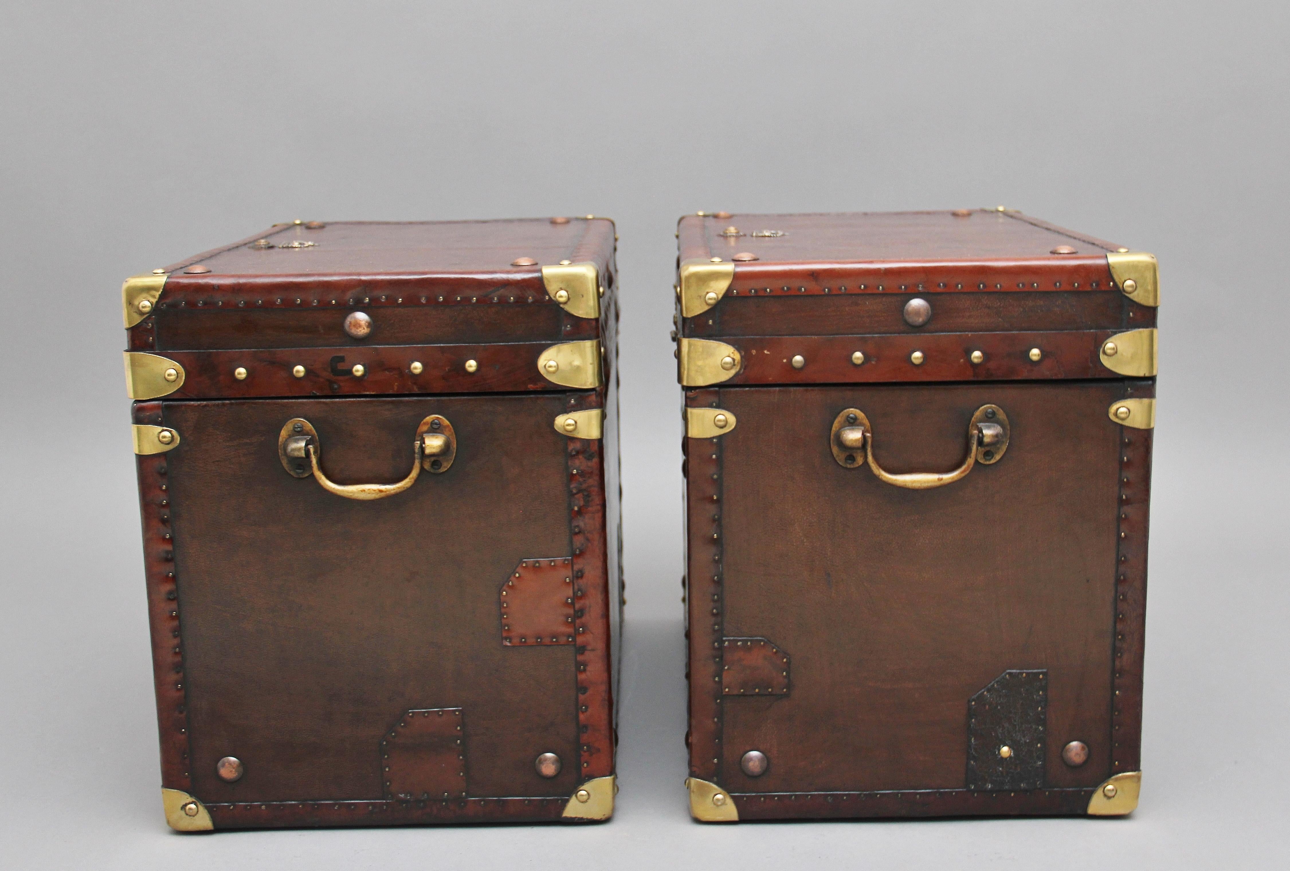 Pair of Early 20th Century Leather Bound Ex Army Trunks In Good Condition In Martlesham, GB