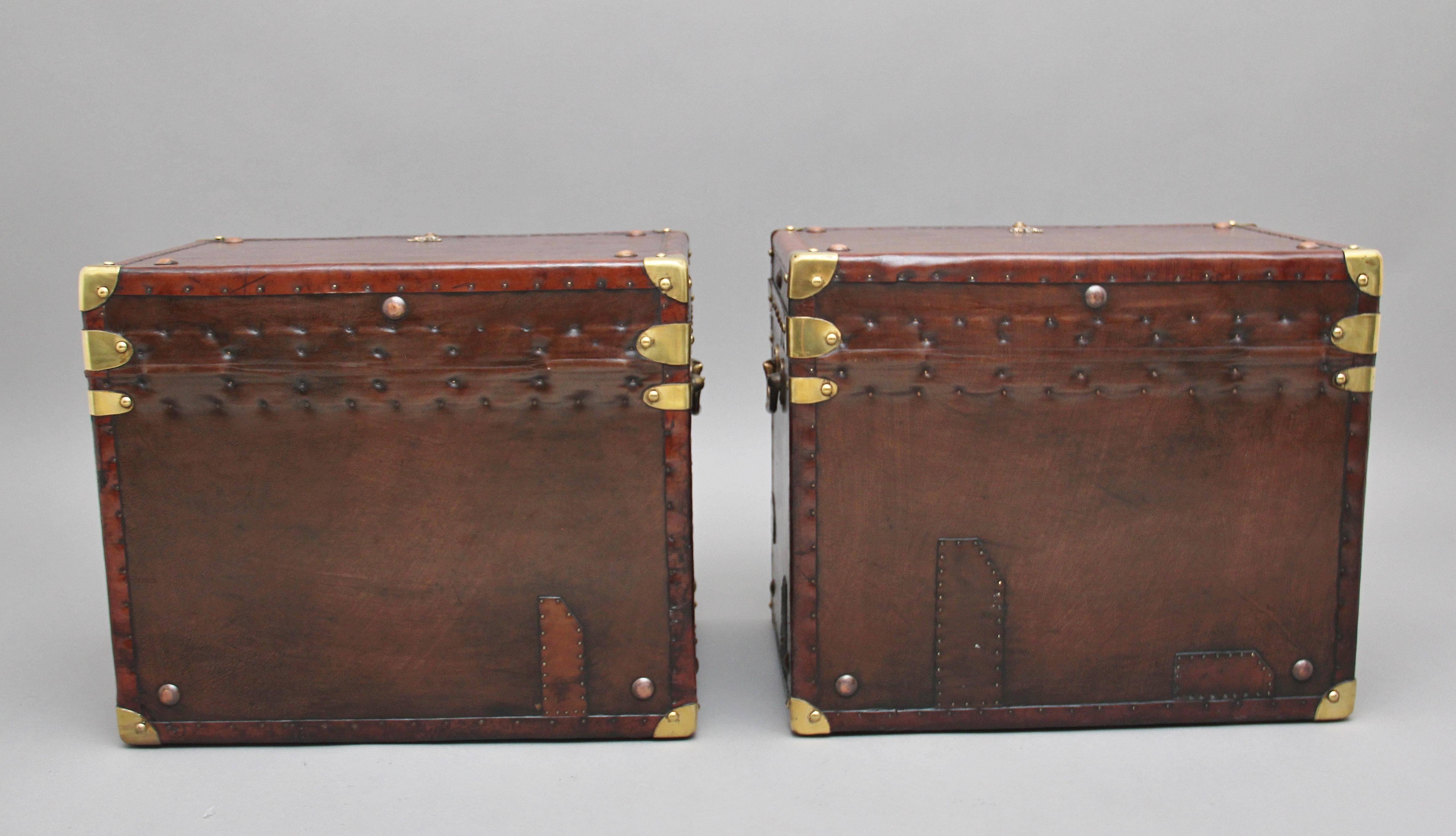 Mid-20th Century Pair of Early 20th Century Leather Bound Ex Army Trunks