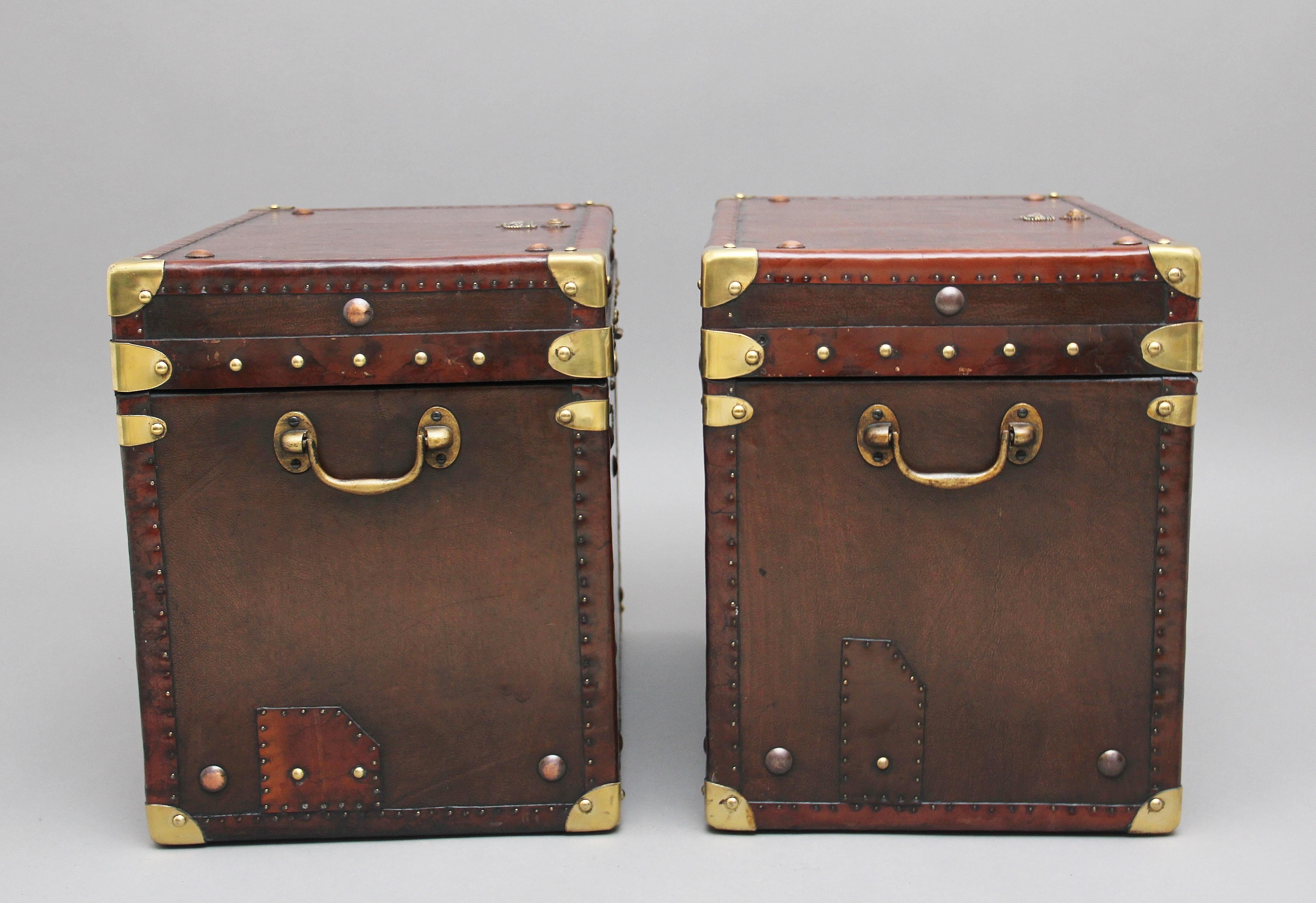 Pair of Early 20th Century Leather Bound Ex Army Trunks 1