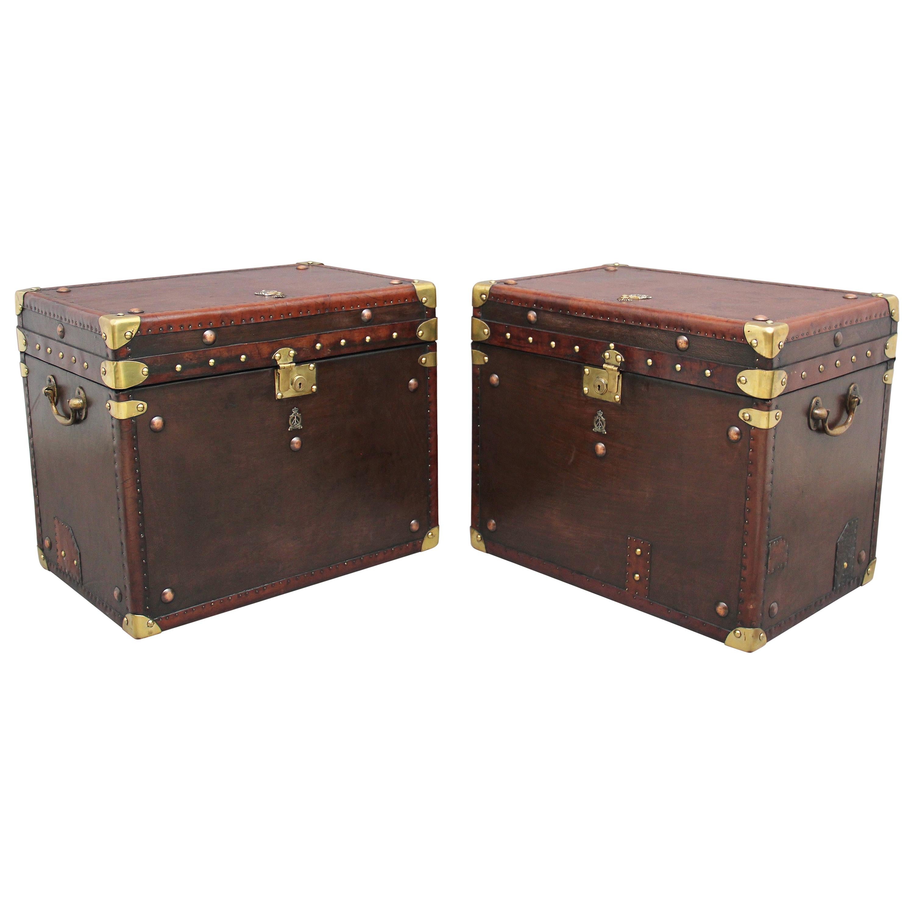 Pair of Early 20th Century Leather Bound Ex Army Trunks