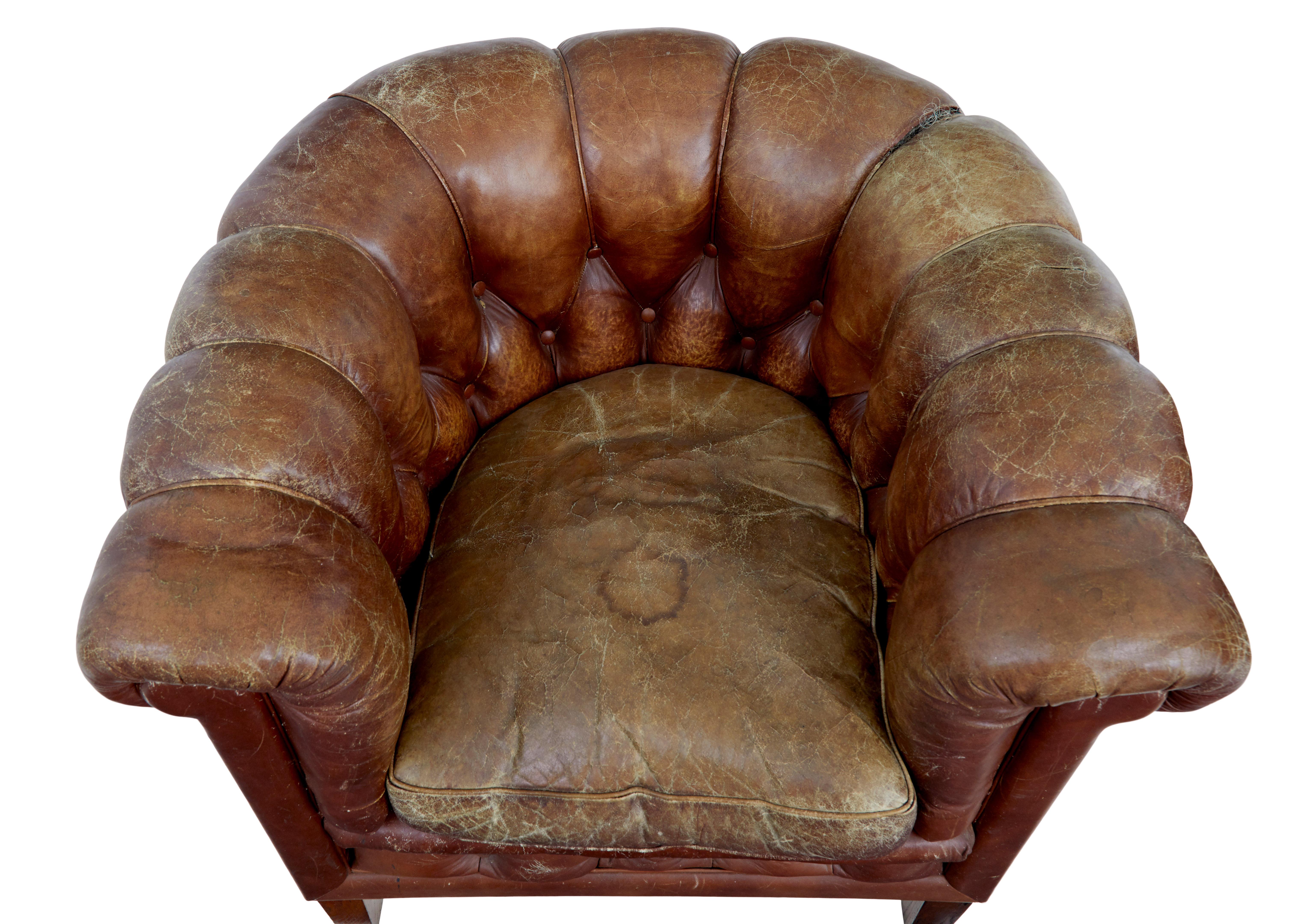 Hand-Crafted Pair of early 20th Century leather lounge armchairs For Sale