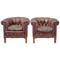 Antique Pair of Early 20th Century Leather Lounge Armchairs
