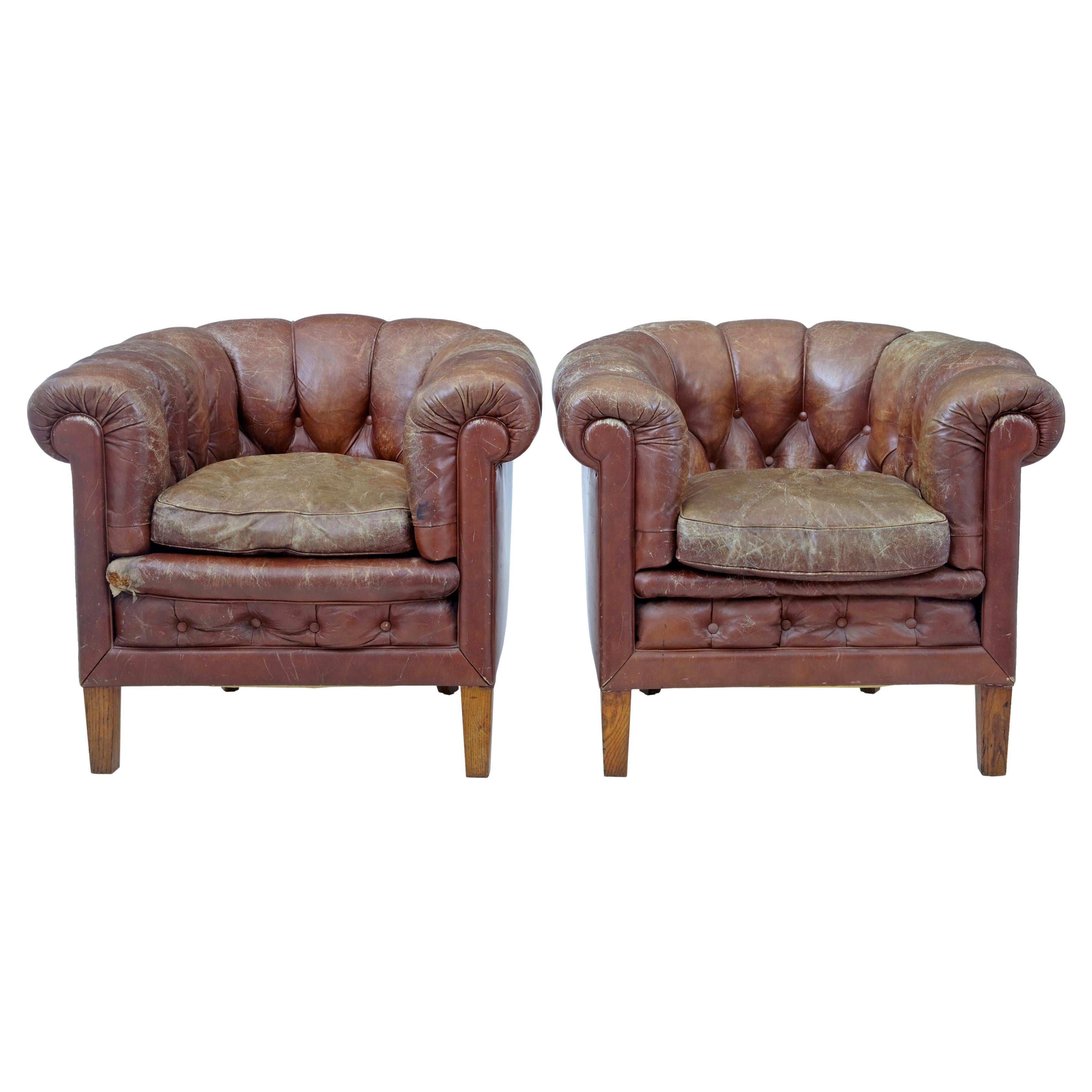 Pair of Early 20th Century Leather Lounge Armchairs