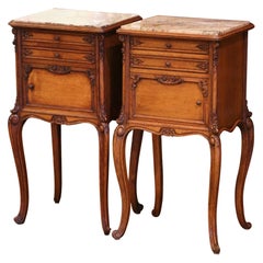 Pair of Early 20th Century Louis XV Carved Oak Nightstands with Marble Top