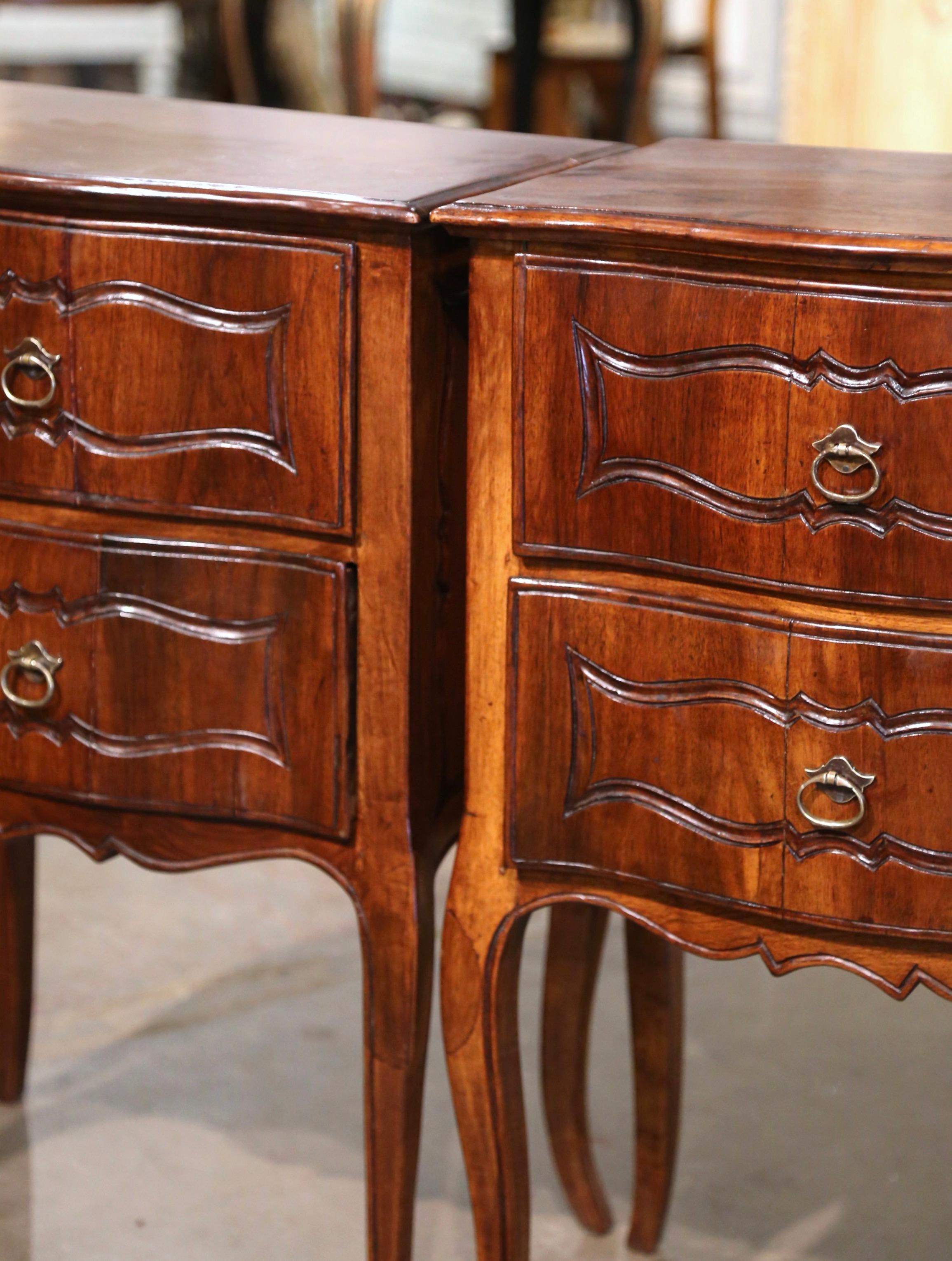 French Pair of Early 20th Century Louis XV Carved Walnut Bombe Two-Drawer Nightstands