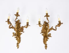 Pair of Early 20th Century Louis XV Gilded Bronze and Brass French Sconces
