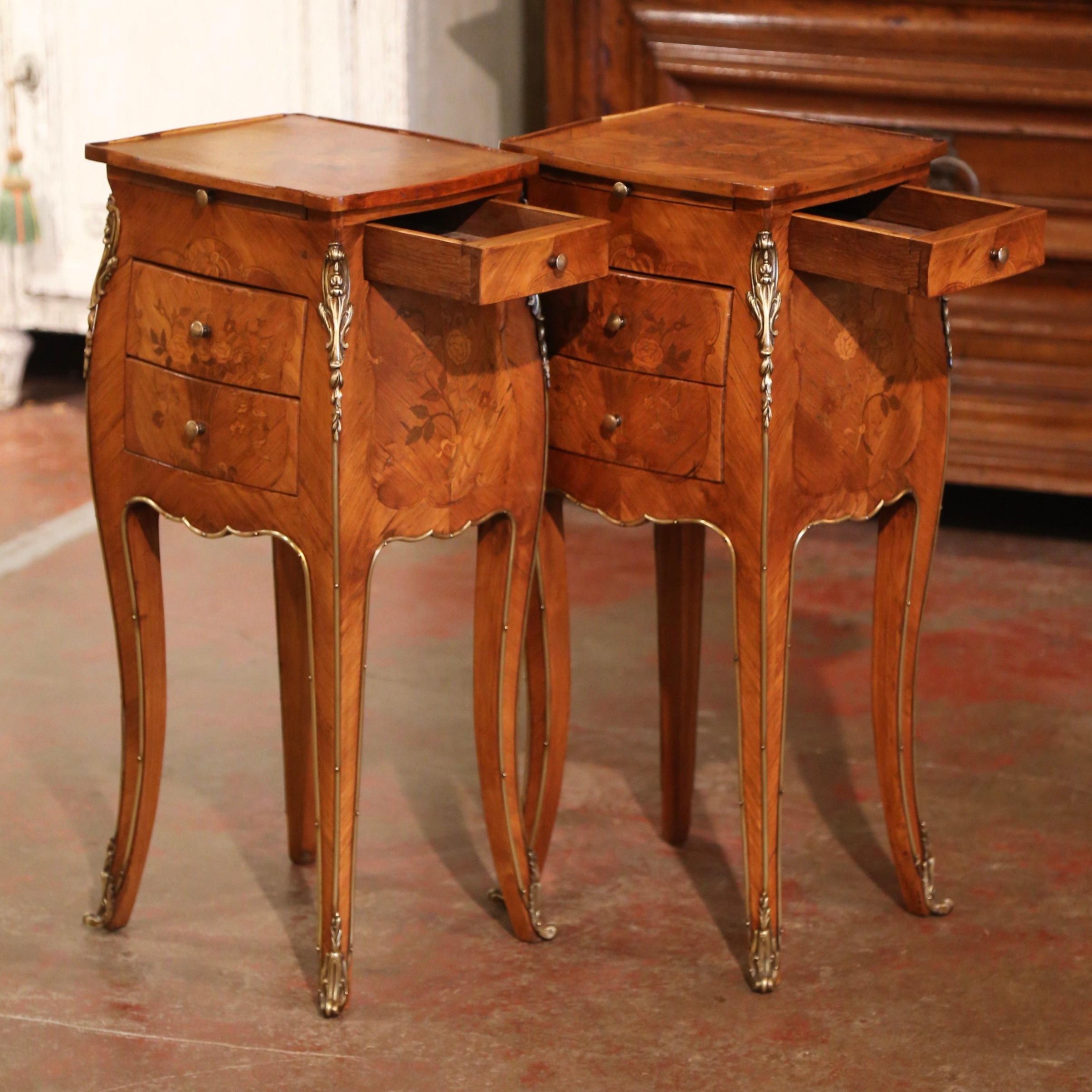 Pair of Early 20th Century Louis XV Marquetry and Bronze Bedside Nightstands  5
