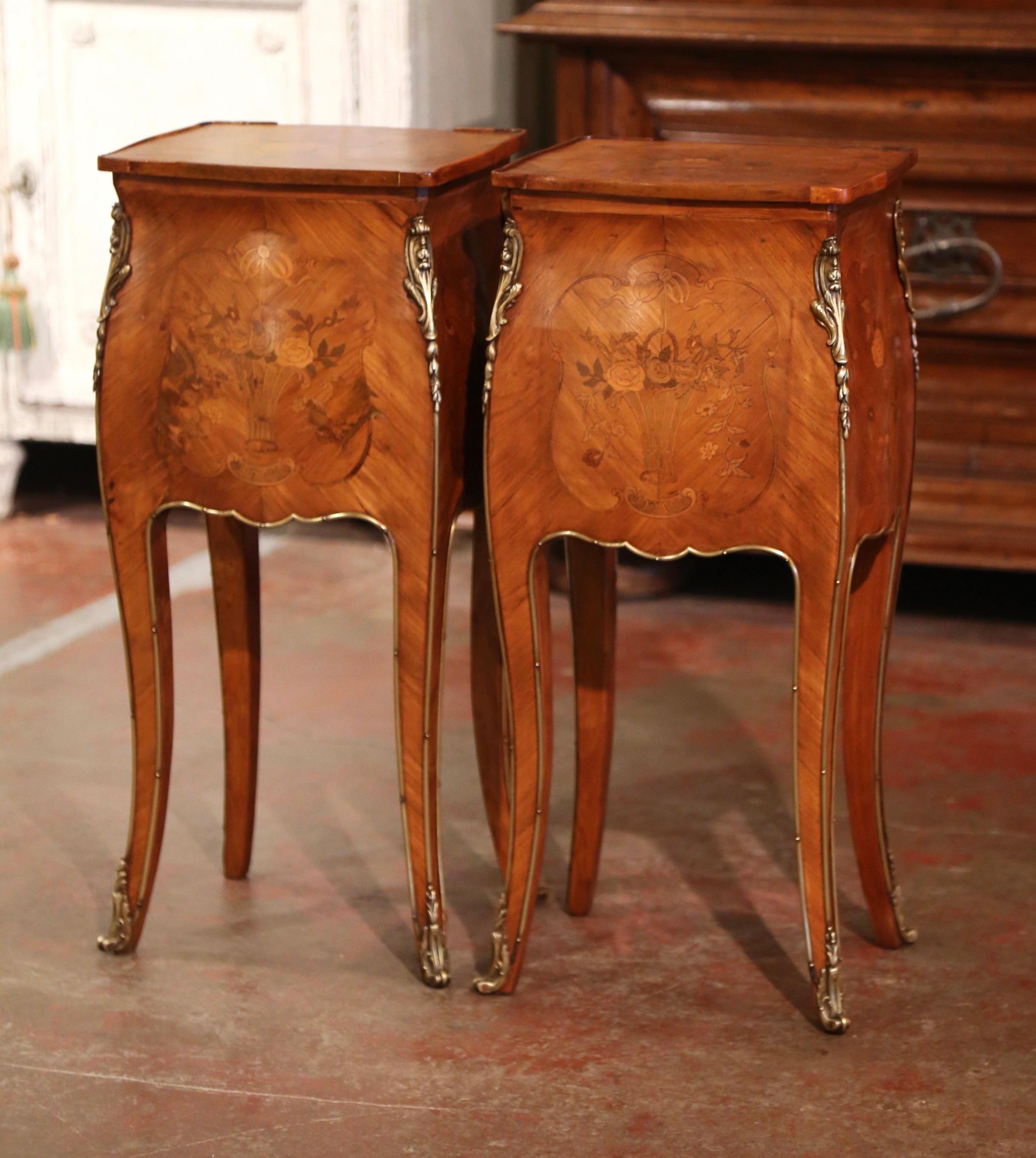 Pair of Early 20th Century Louis XV Marquetry and Bronze Bedside Nightstands  6