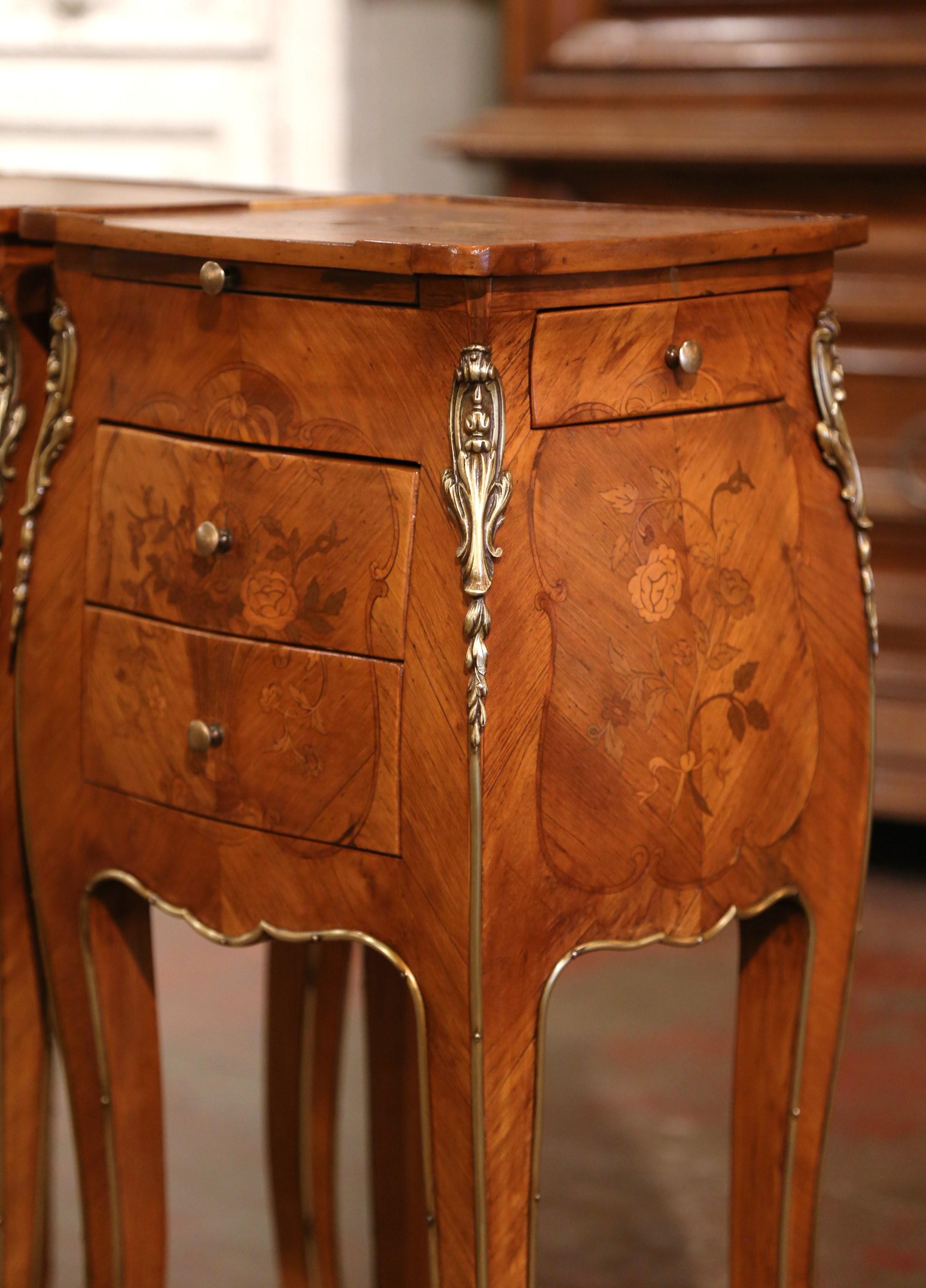 French Pair of Early 20th Century Louis XV Marquetry and Bronze Bedside Nightstands 