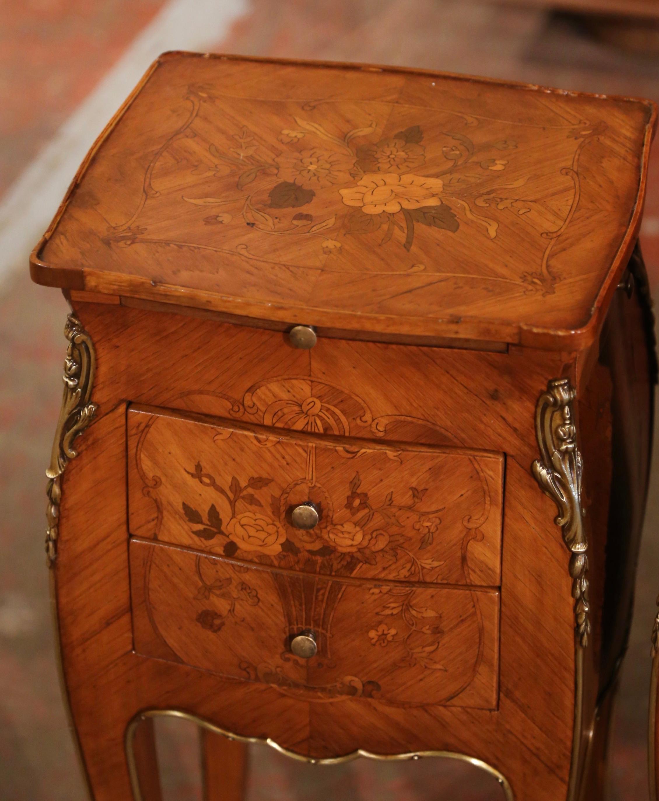 Pair of Early 20th Century Louis XV Marquetry and Bronze Bedside Nightstands  1