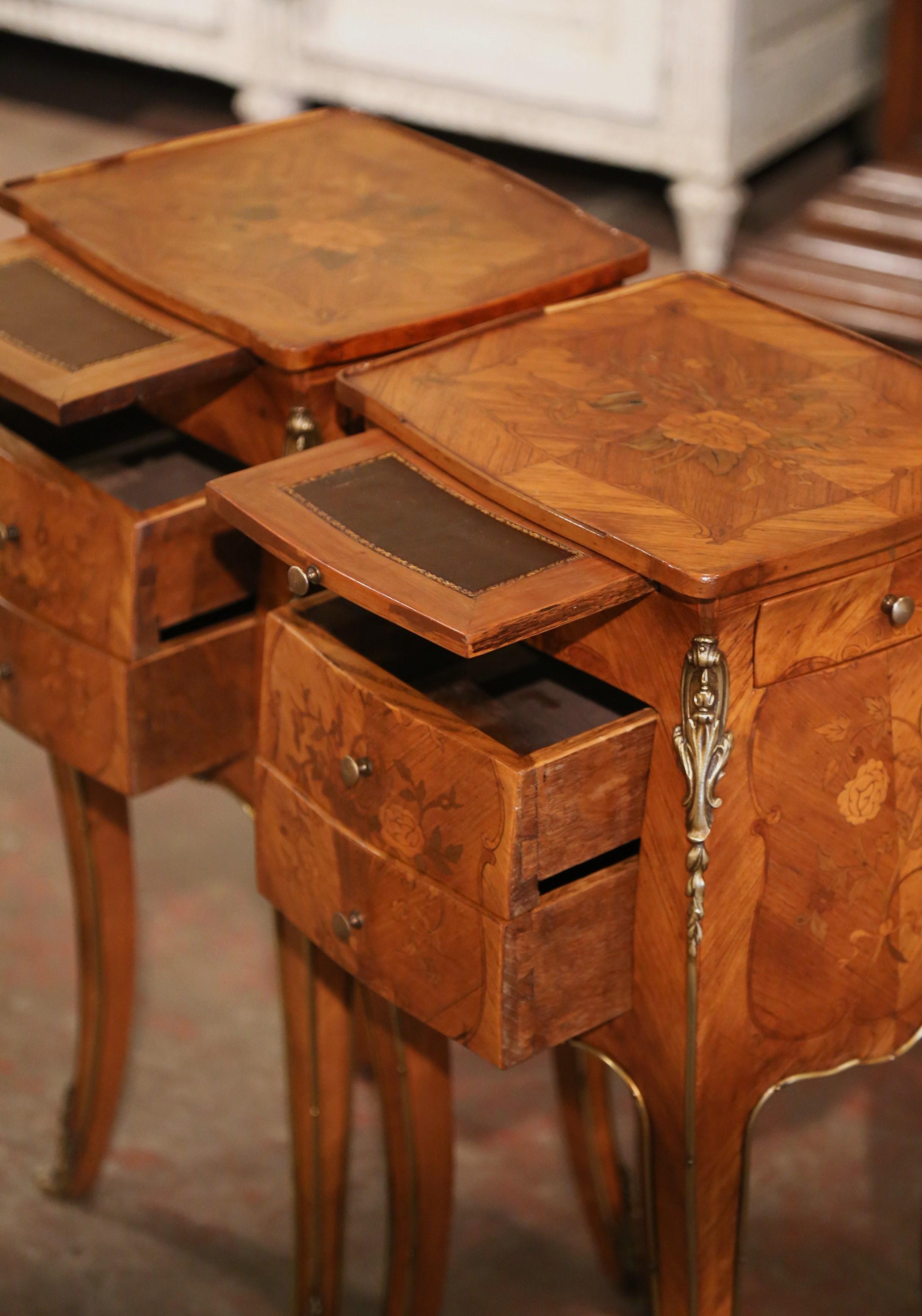 Pair of Early 20th Century Louis XV Marquetry and Bronze Bedside Nightstands  3