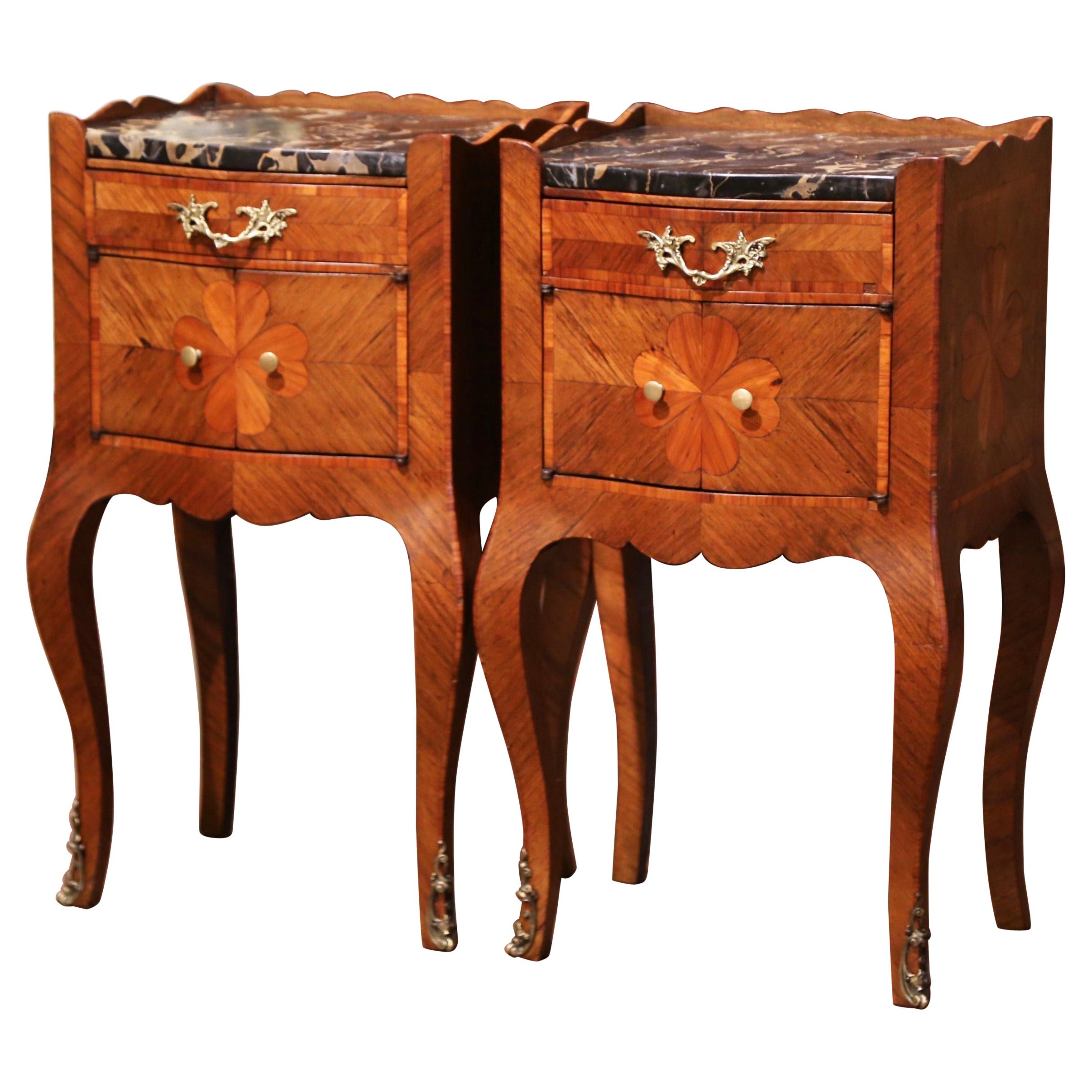 Pair of Vintage French Carved Marquetry Walnut Nightstands with Red