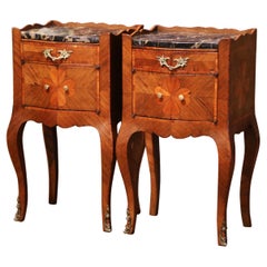 Antique Pair of Early 20th Century Louis XV Walnut Marquetry Nightstands with Marble Top
