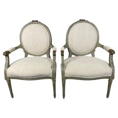 Pair of Louis XVI Style Green Paint and Gilt Armchairs Early 20th Century 