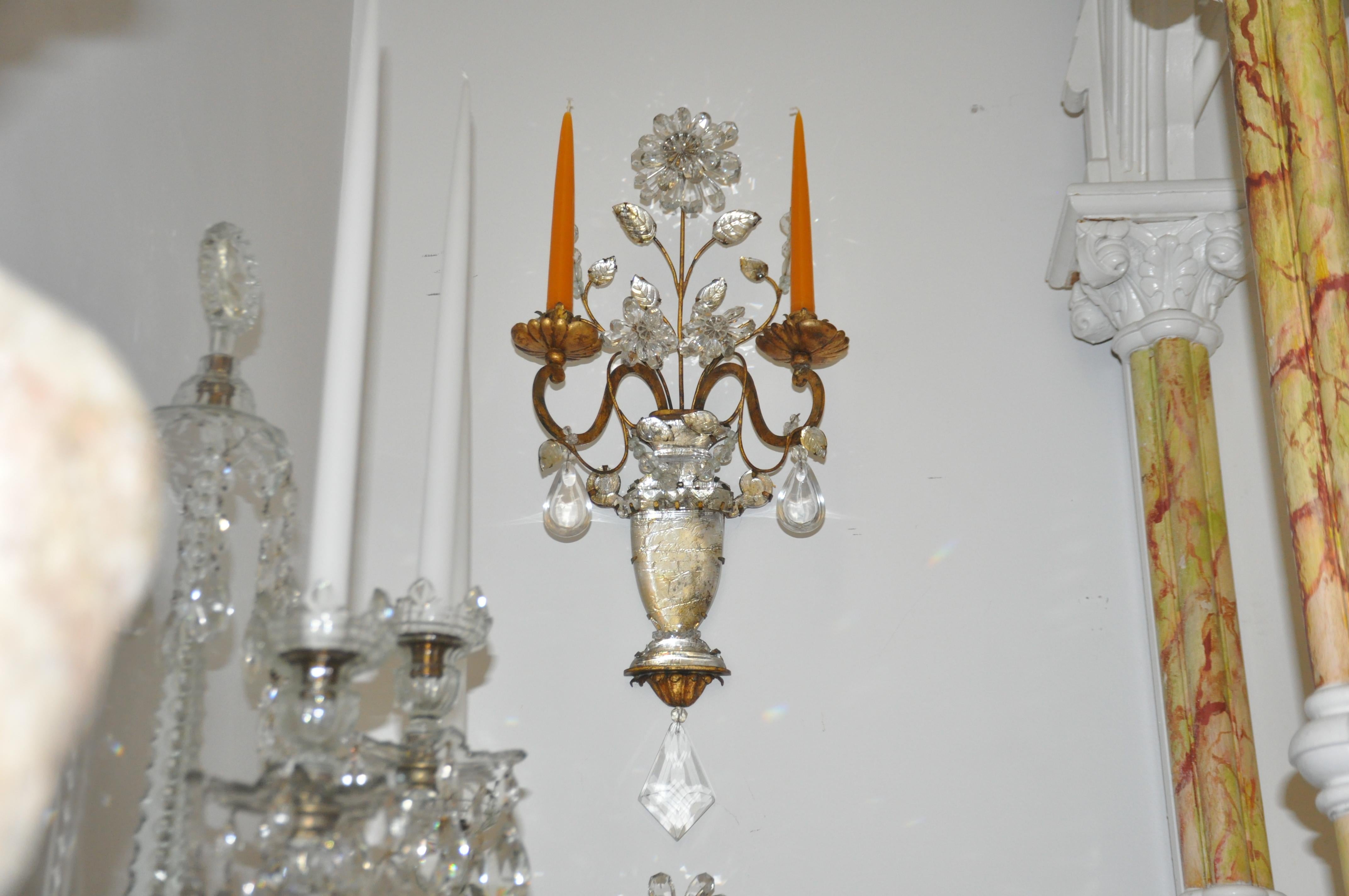 French Pair of Early 20th Century Maison Bagues Bronze and Crystal Sconces For Sale