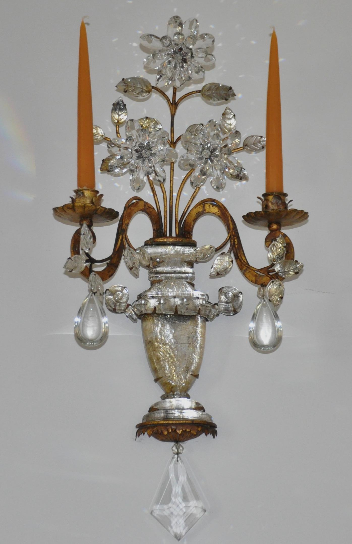 Pair of Early 20th Century Maison Bagues Bronze and Crystal Sconces In Good Condition For Sale In Essex, MA