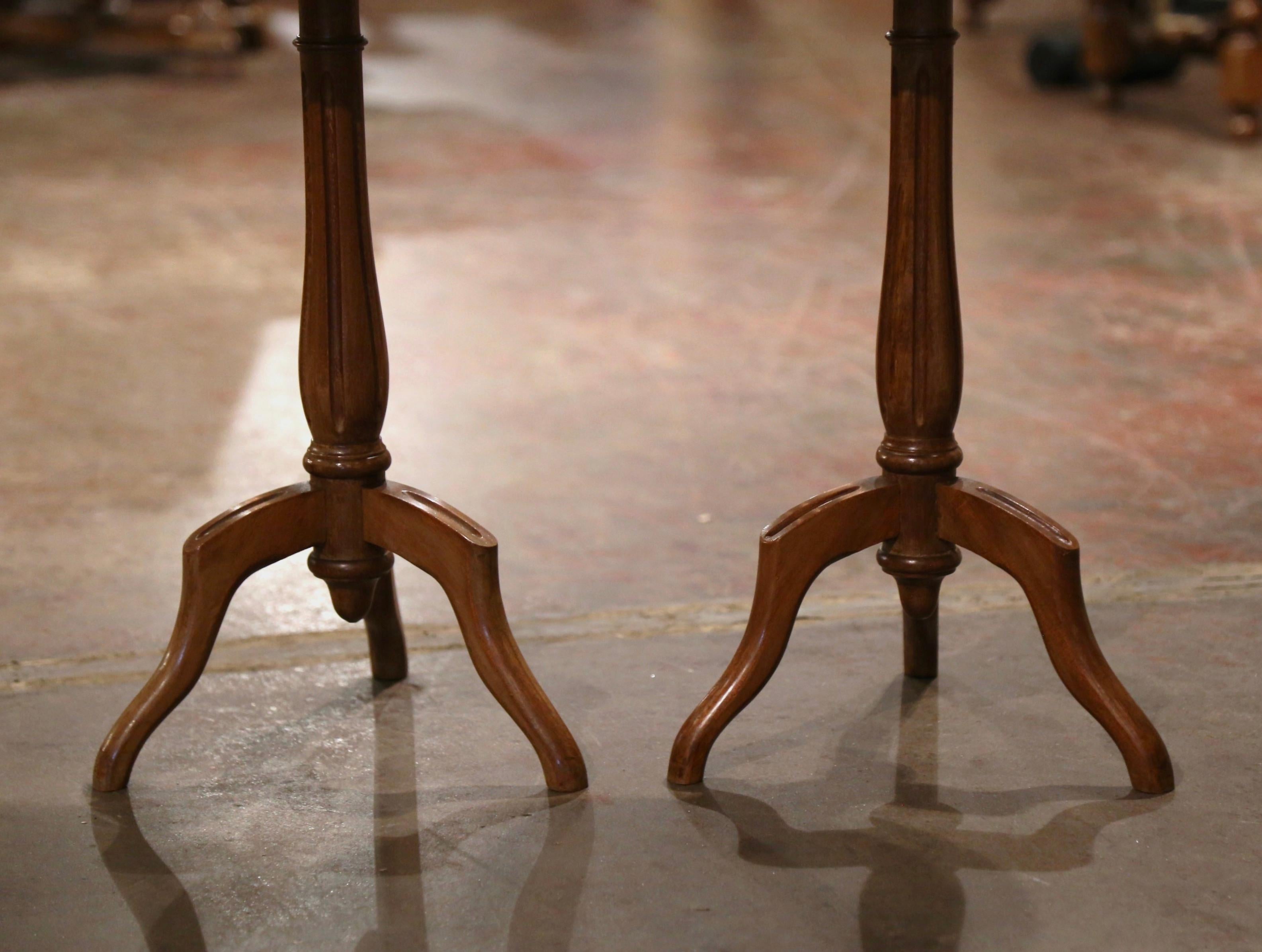 Napoleon III Pair of Early 20th Century Marble Top Walnut and Brass Pedestal Martini Tables