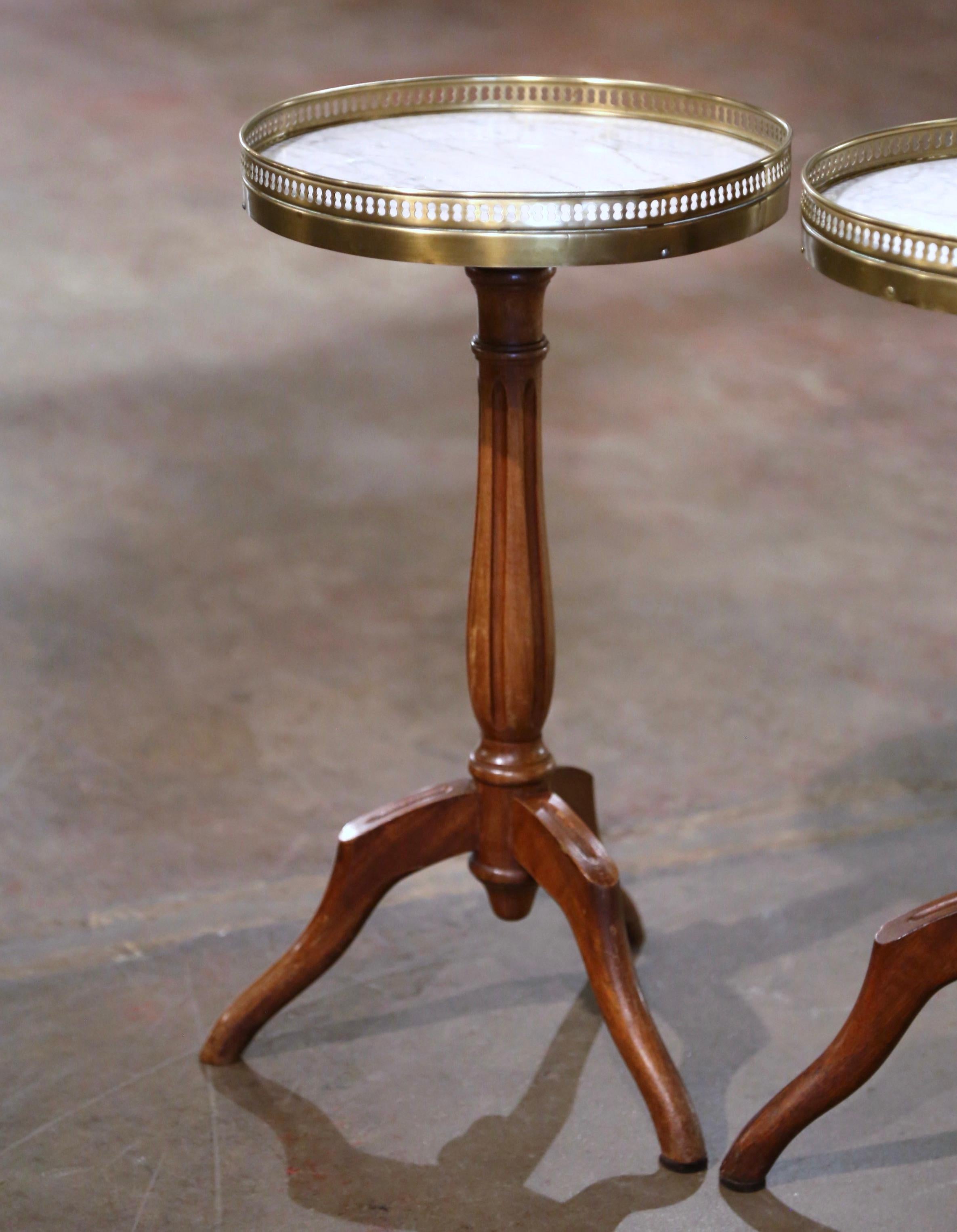 Napoleon III Pair of Early 20th Century Marble Top Walnut and Brass Pedestal Martini Tables