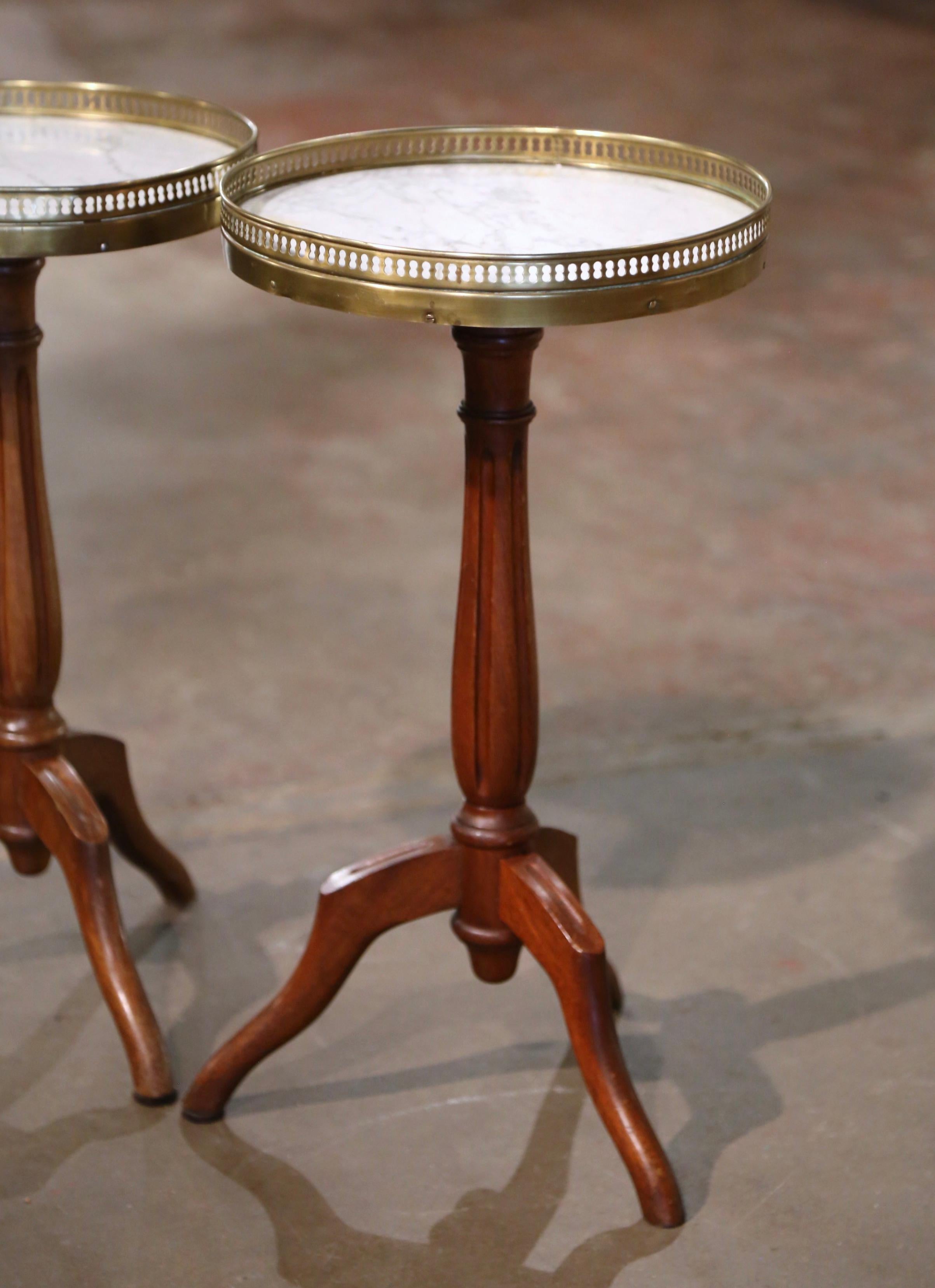 French Pair of Early 20th Century Marble Top Walnut and Brass Pedestal Martini Tables