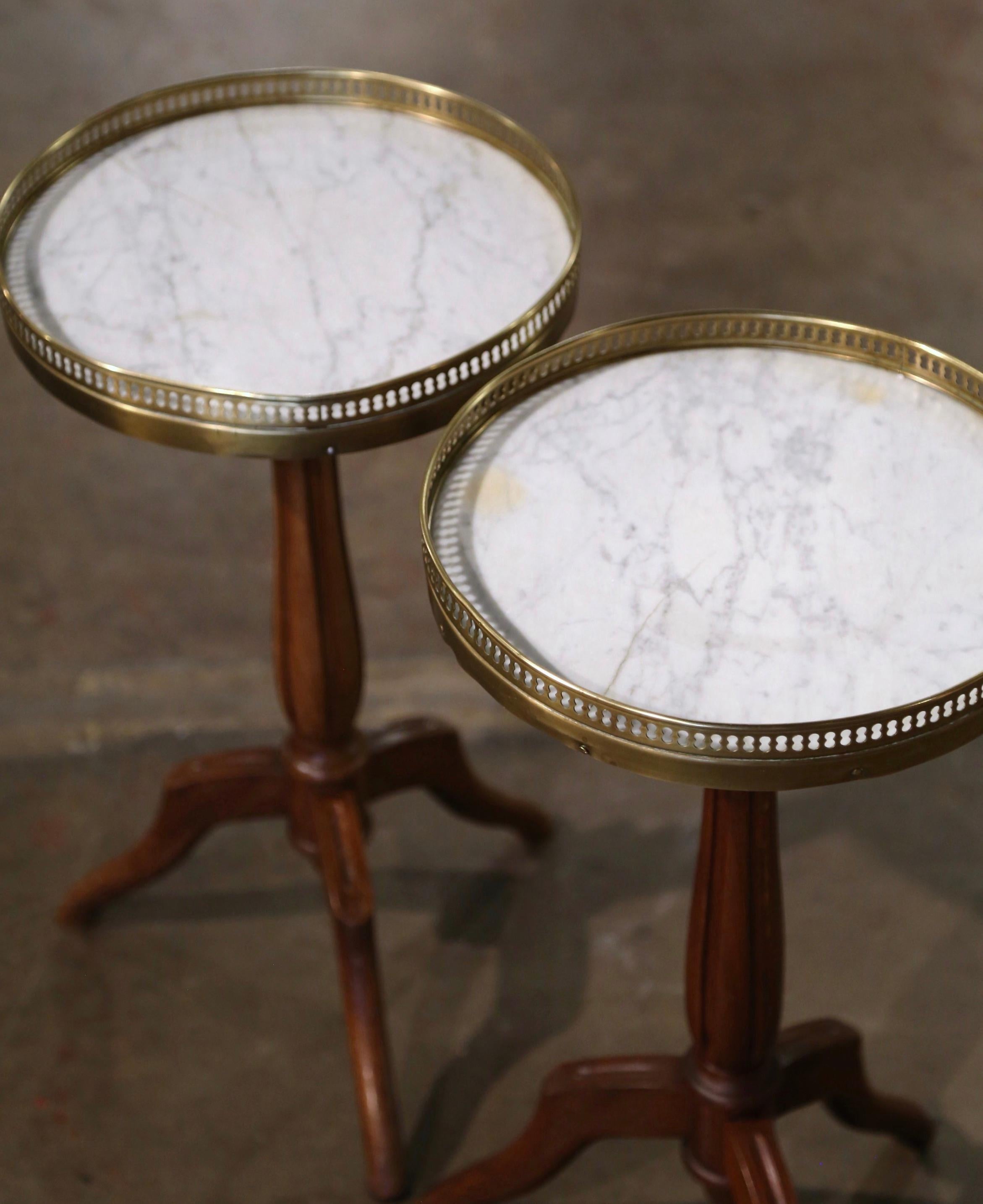 Pair of Early 20th Century Marble Top Walnut and Brass Pedestal Martini Tables In Excellent Condition In Dallas, TX