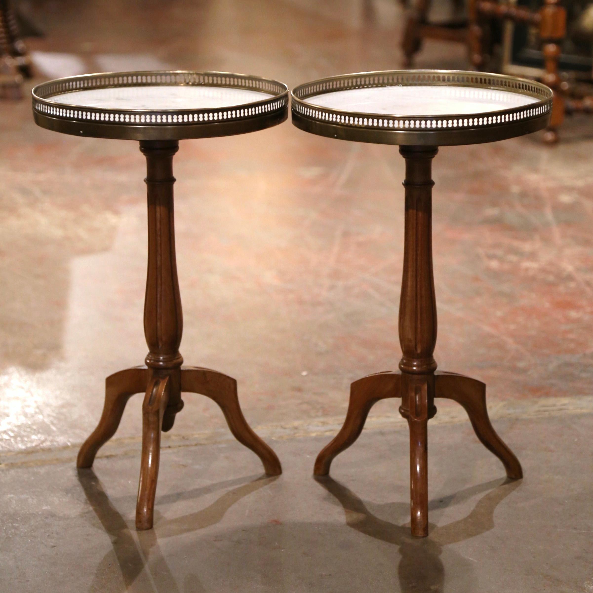 Pair of Early 20th Century Marble Top Walnut and Brass Pedestal Martini Tables 1