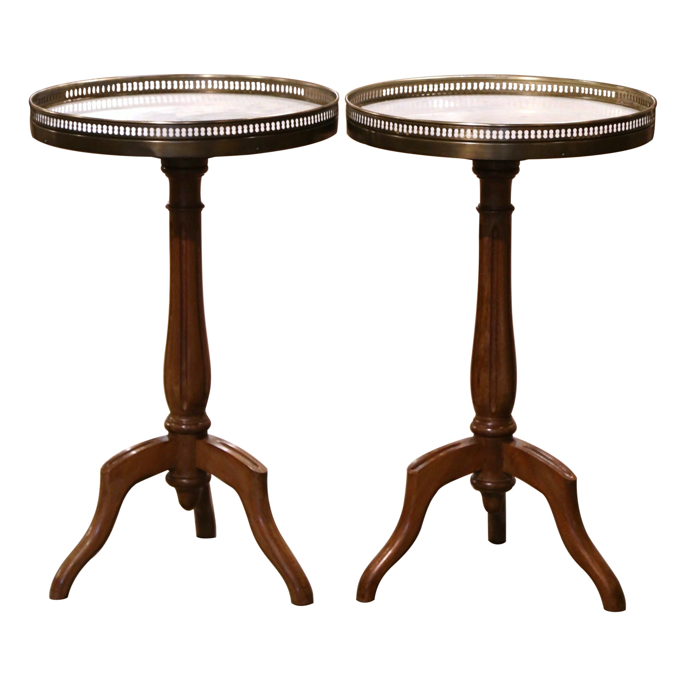 Pair of Early 20th Century Marble Top Walnut and Brass Pedestal Martini Tables