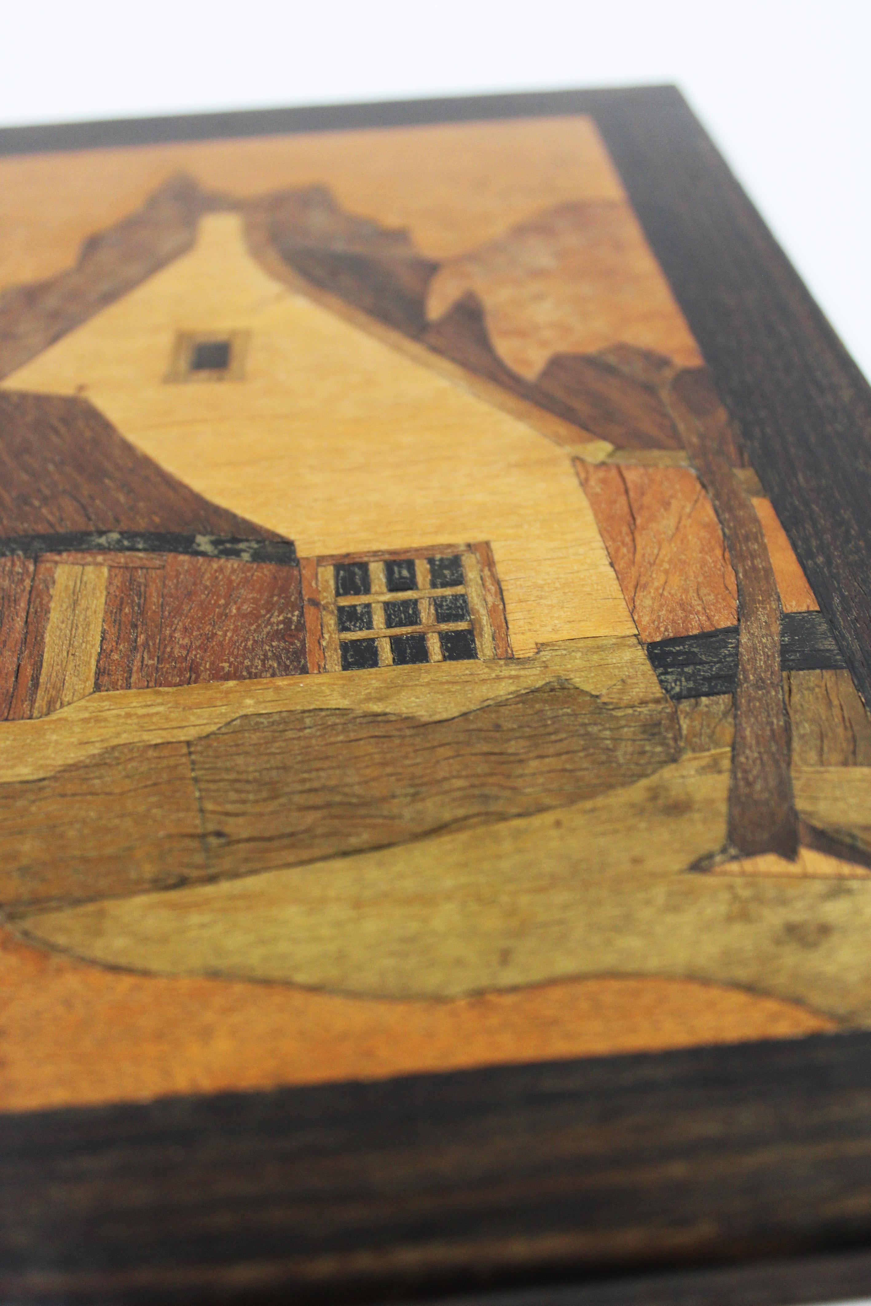 Pair of early 20th Century Marquetry wooden Panels naive countryside France 3