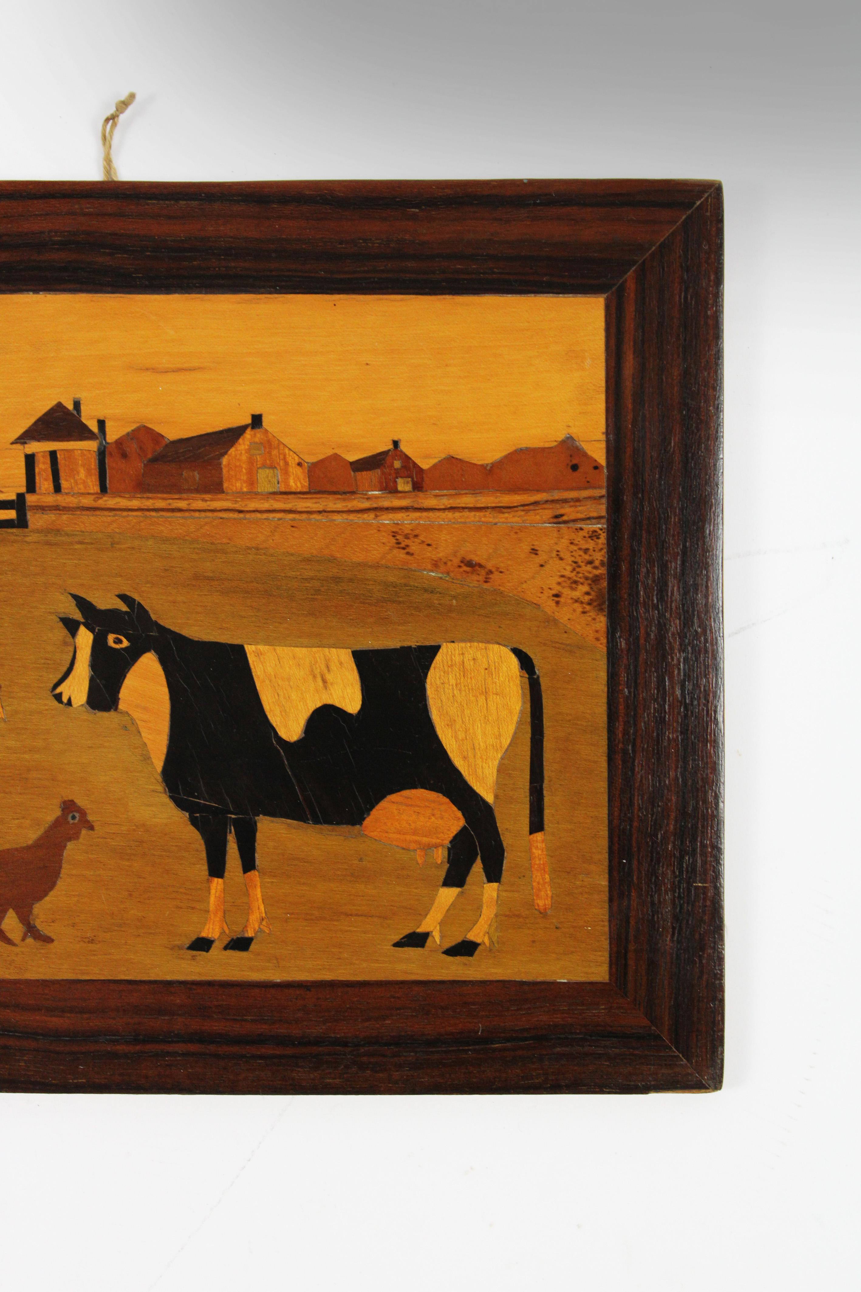 French Provincial Pair of early 20th Century Marquetry wooden Panels naive countryside France