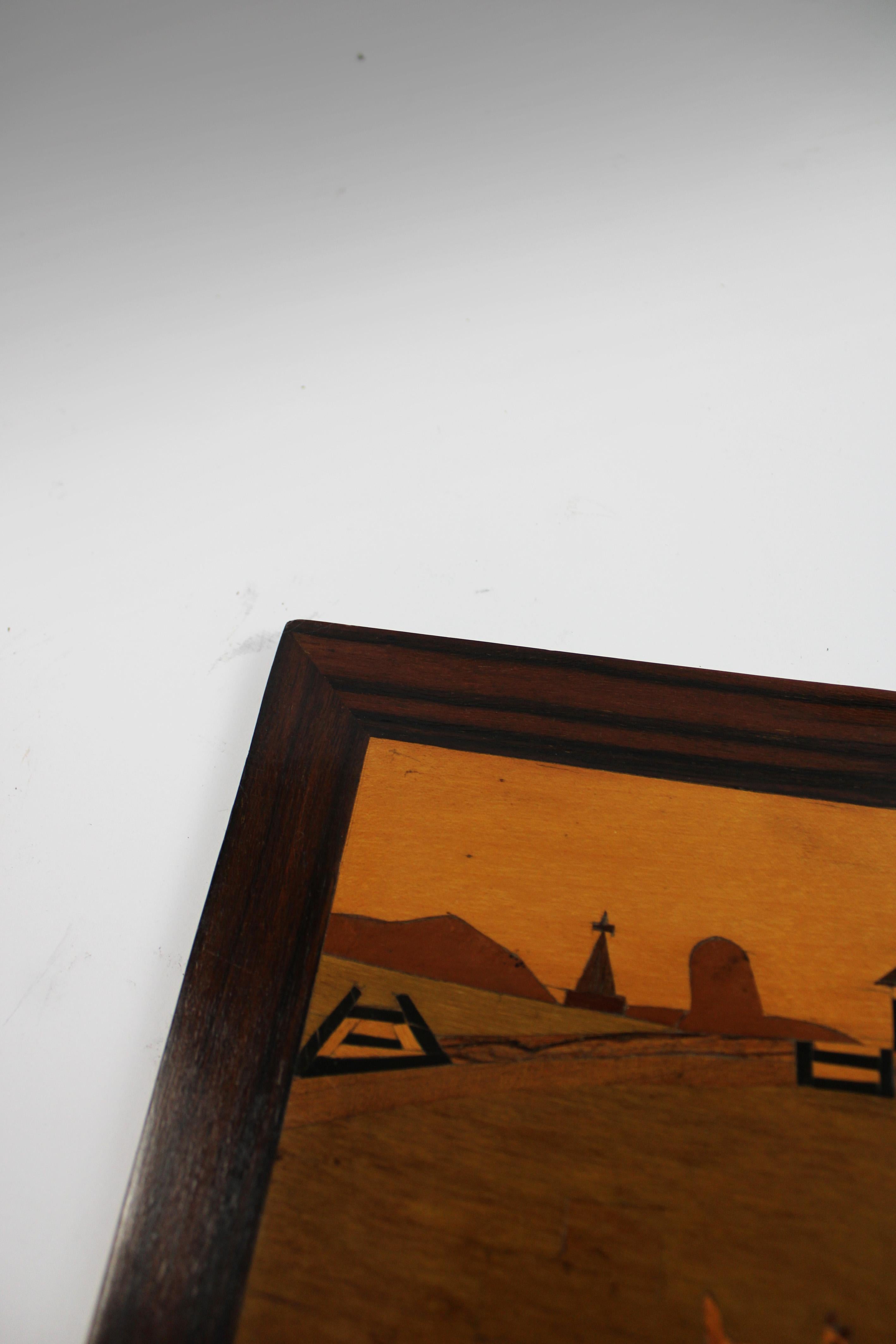 French Pair of early 20th Century Marquetry wooden Panels naive countryside France