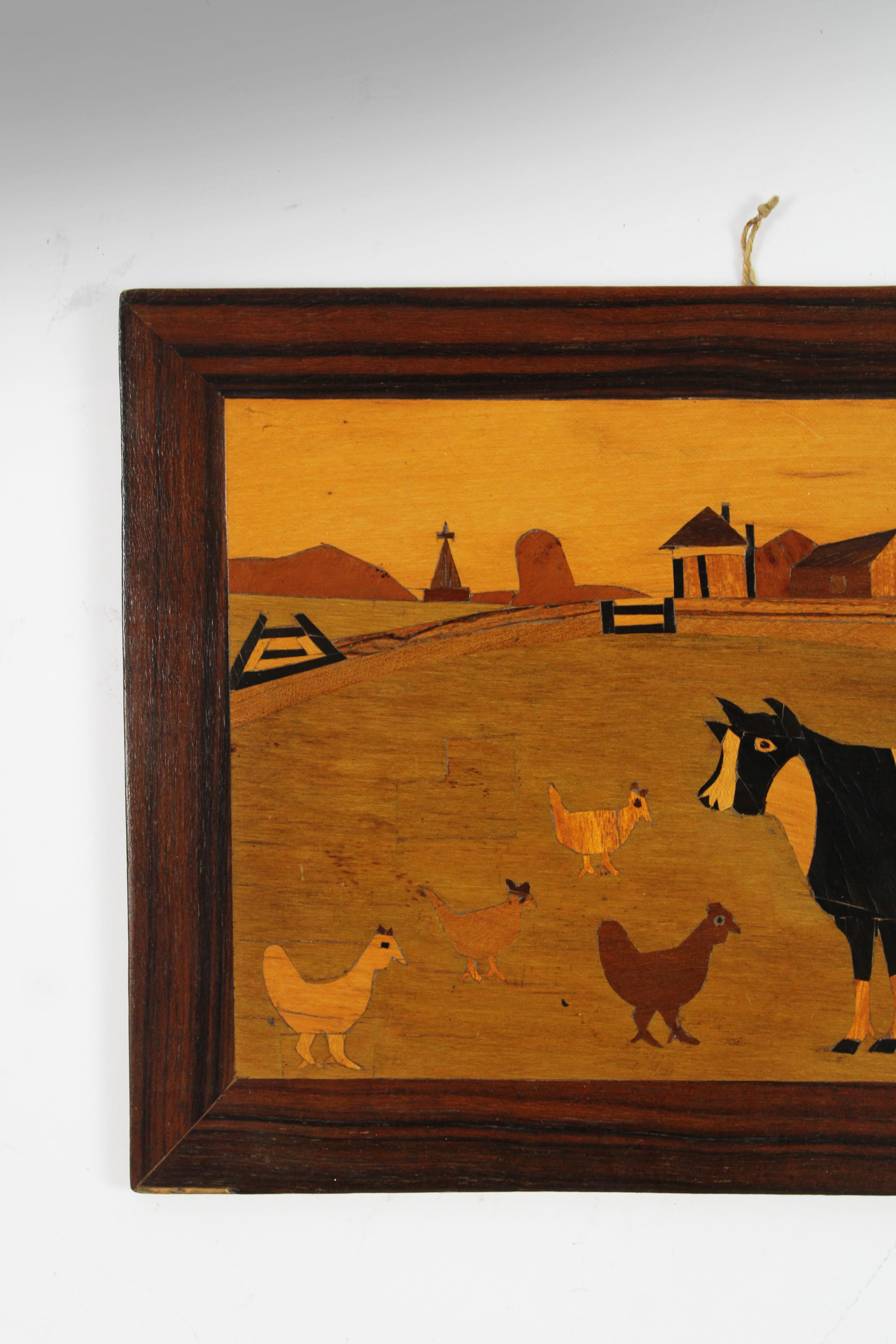 Hand-Crafted Pair of early 20th Century Marquetry wooden Panels naive countryside France