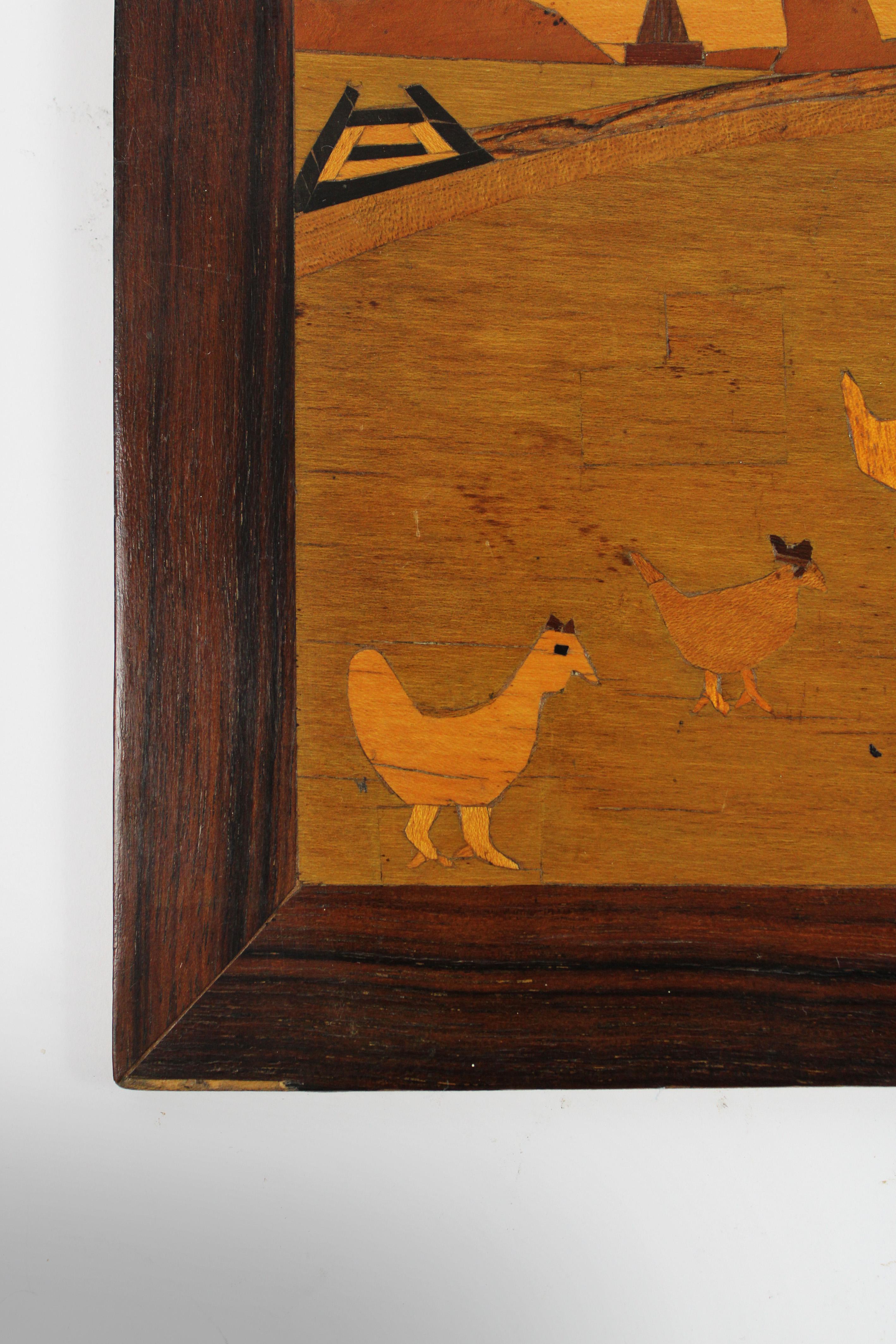 Pair of early 20th Century Marquetry wooden Panels naive countryside France In Good Condition In Antwerpen, BE