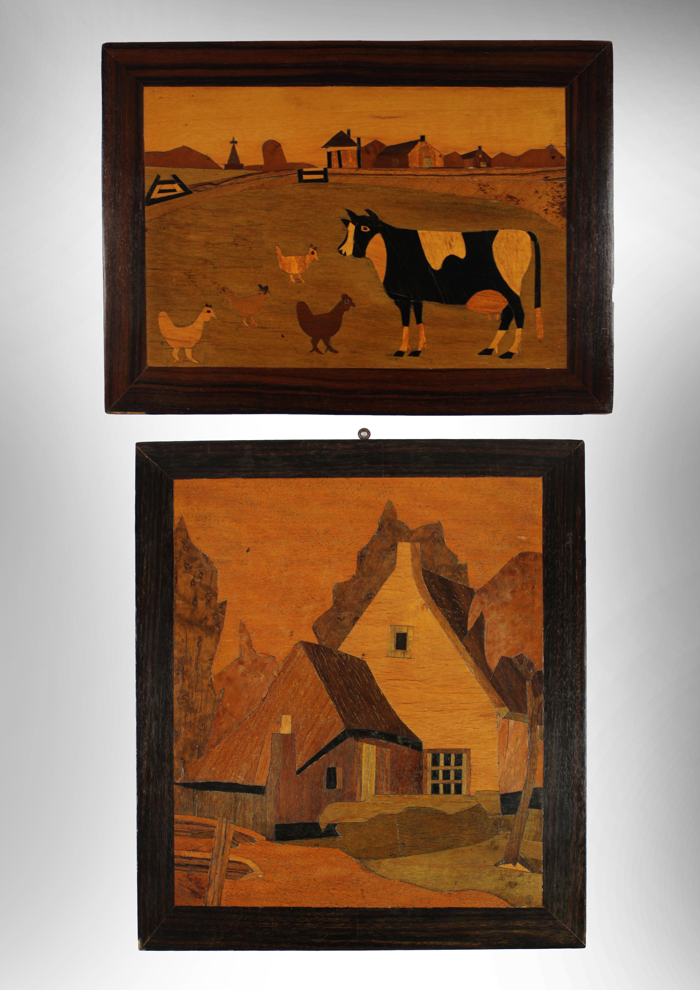 Wood Pair of early 20th Century Marquetry wooden Panels naive countryside France
